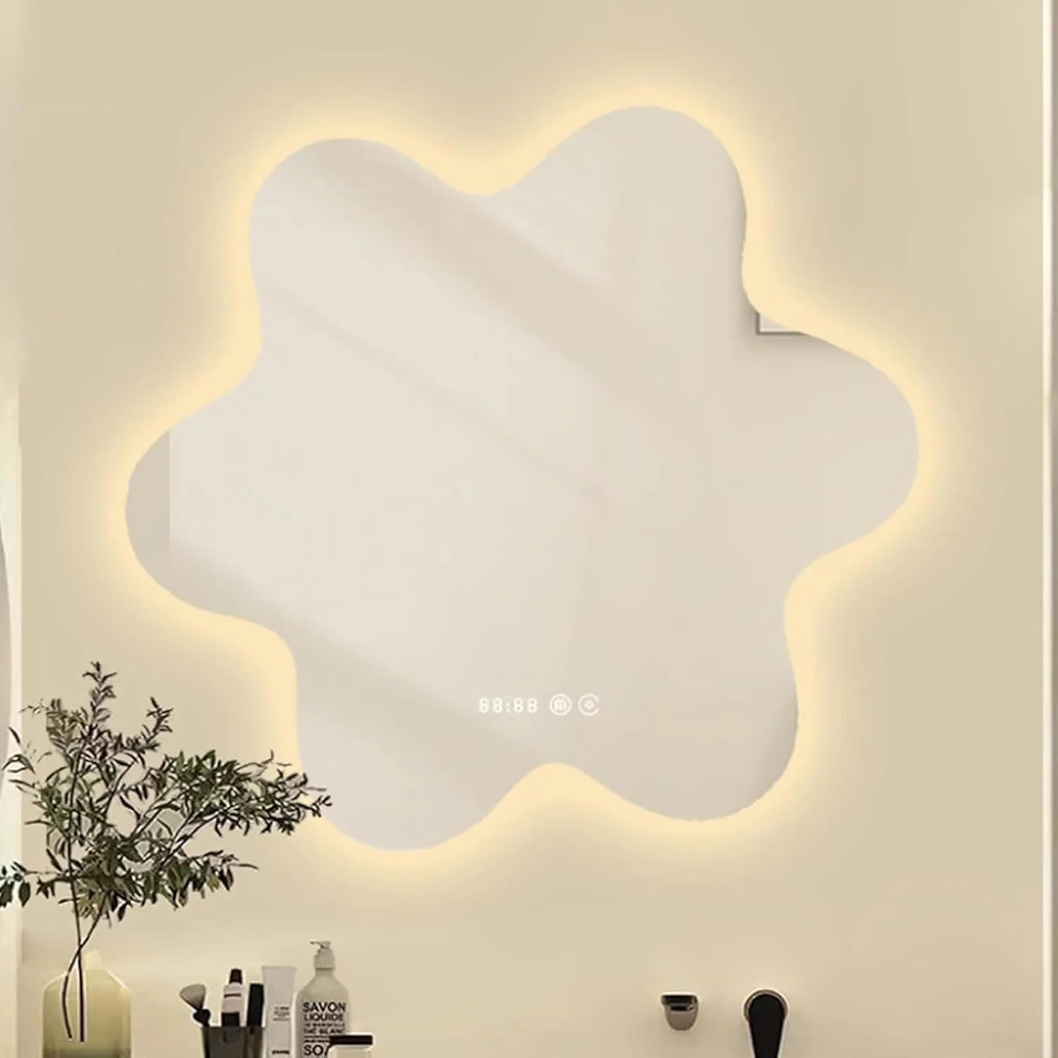 آینه حمام هوشمند LED با نور پس زمینه، آینه روشویی بدون قاب طرح گل، دارای سیستم ضد بخار، نمایشگر زمان و دما، آینه دیواری نامتقارن برای منزل آینه حمام هوشمند LED با نور پس زمینه، آینه روشویی بدون قاب طرح گل، دارای سیستم ضد بخار، نمایشگر زمان و دما، آینه دیواری نامتقارن برای منزل