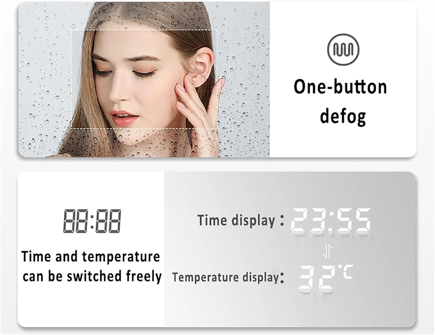 آینه حمام هوشمند LED با نور پس زمینه، آینه روشویی بدون قاب طرح گل، دارای سیستم ضد بخار، نمایشگر زمان و دما، آینه دیواری نامتقارن برای منزل