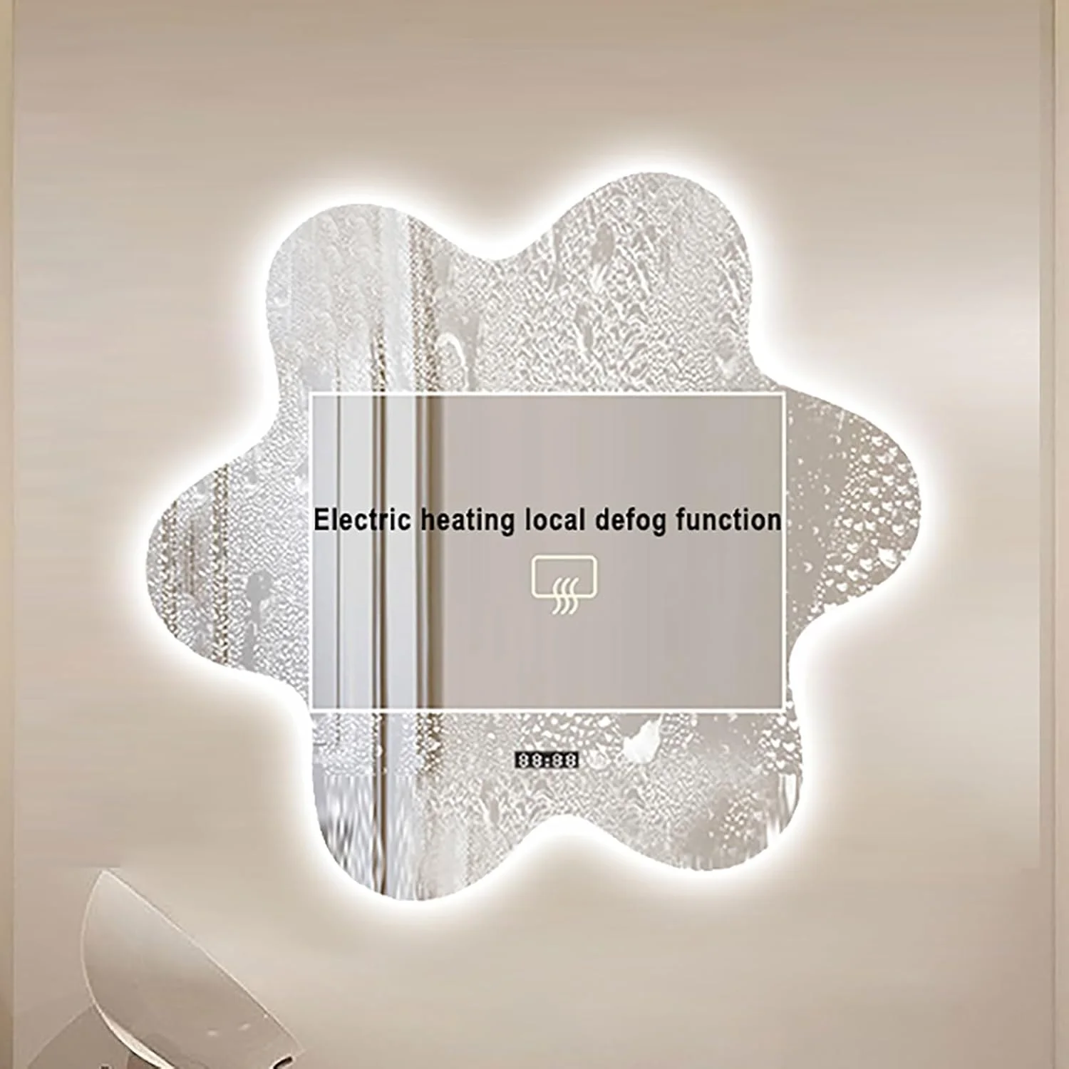 آینه حمام هوشمند LED با نور پس زمینه، آینه روشویی بدون قاب طرح گل، دارای سیستم ضد بخار، نمایشگر زمان و دما، آینه دیواری نامتقارن برای منزل