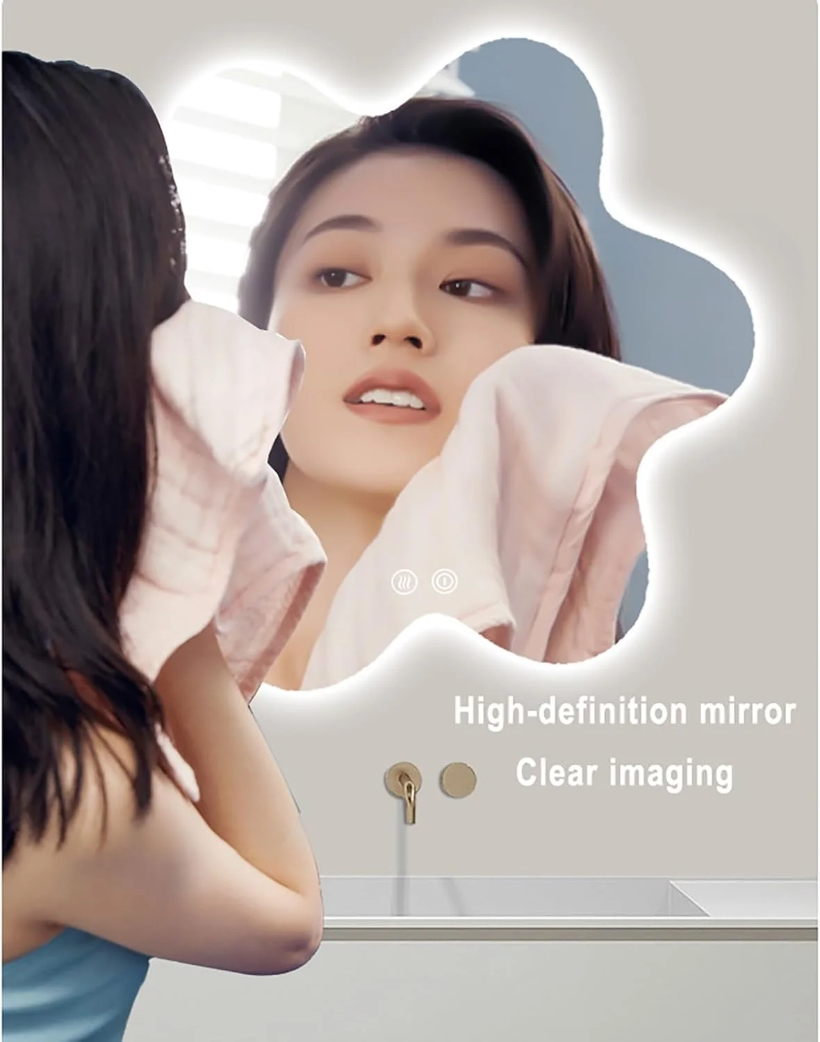 آینه حمام هوشمند LED با نور پس زمینه، آینه روشویی بدون قاب طرح گل، دارای سیستم ضد بخار، نمایشگر زمان و دما، آینه دیواری نامتقارن برای منزل