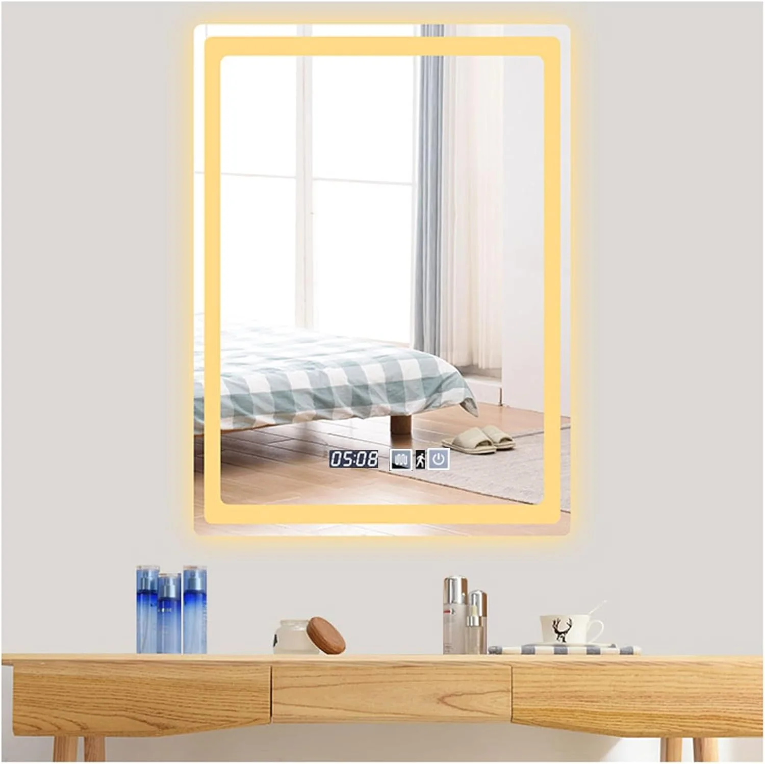 آینه حمام LED دار، آینه حمام با چراغ های LED، آینه روشویی چند منظوره دیواری، با نمایشگر زمان و دما، ضد بخار و دارای کلید هوشمند (W50*H70cm/W19.7*H27.6IN) آینه حمام LED دار، آینه حمام با چراغ های LED، آینه روشویی چند منظوره دیواری، با نمایشگر زمان و دما، ضد بخار و دارای کلید هوشمند (W50*H70cm/W19.7*H27.6IN)