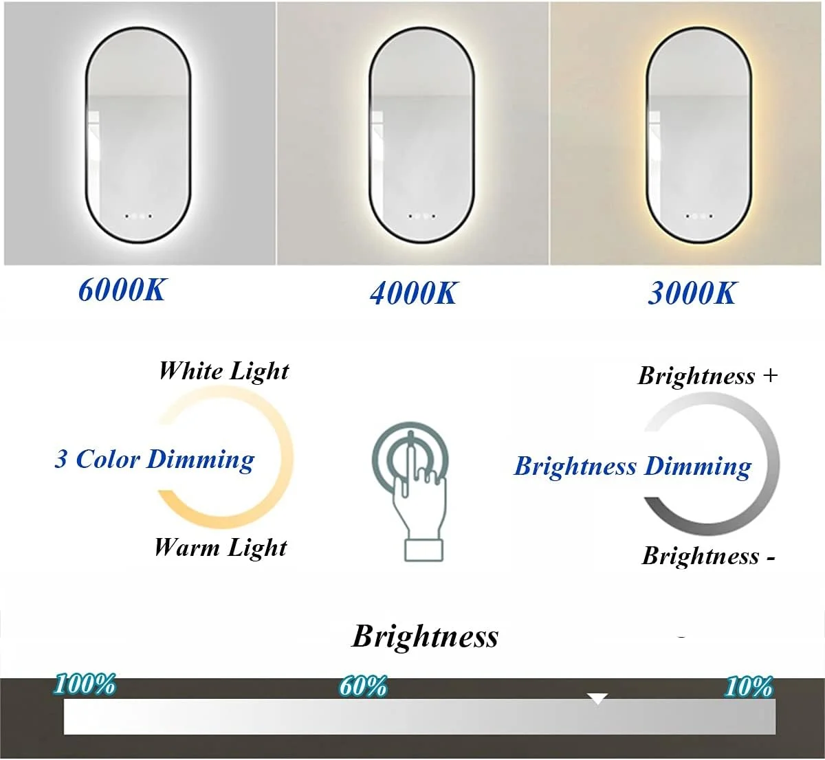 آینه حمام LED دار، آینه های دیواری بیضی شکل، قاب آلیاژ آلومینیوم، مشکی - 500x900 میلی متر آینه حمام LED دار، آینه های دیواری بیضی شکل، قاب آلیاژ آلومینیوم، مشکی - 500x900 میلی متر