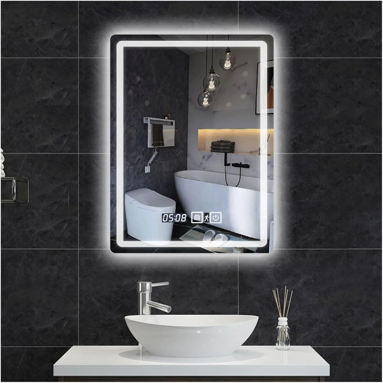 آینه حمام هوشمند LED با نورپردازی، آینه حمام با چراغ های LED، آینه روشویی چند منظوره دیواری، با حسگر لمسی/دیمر/پد ضد بخار، ضد آب (W50*H80cm/W19.7*H31.5IN)