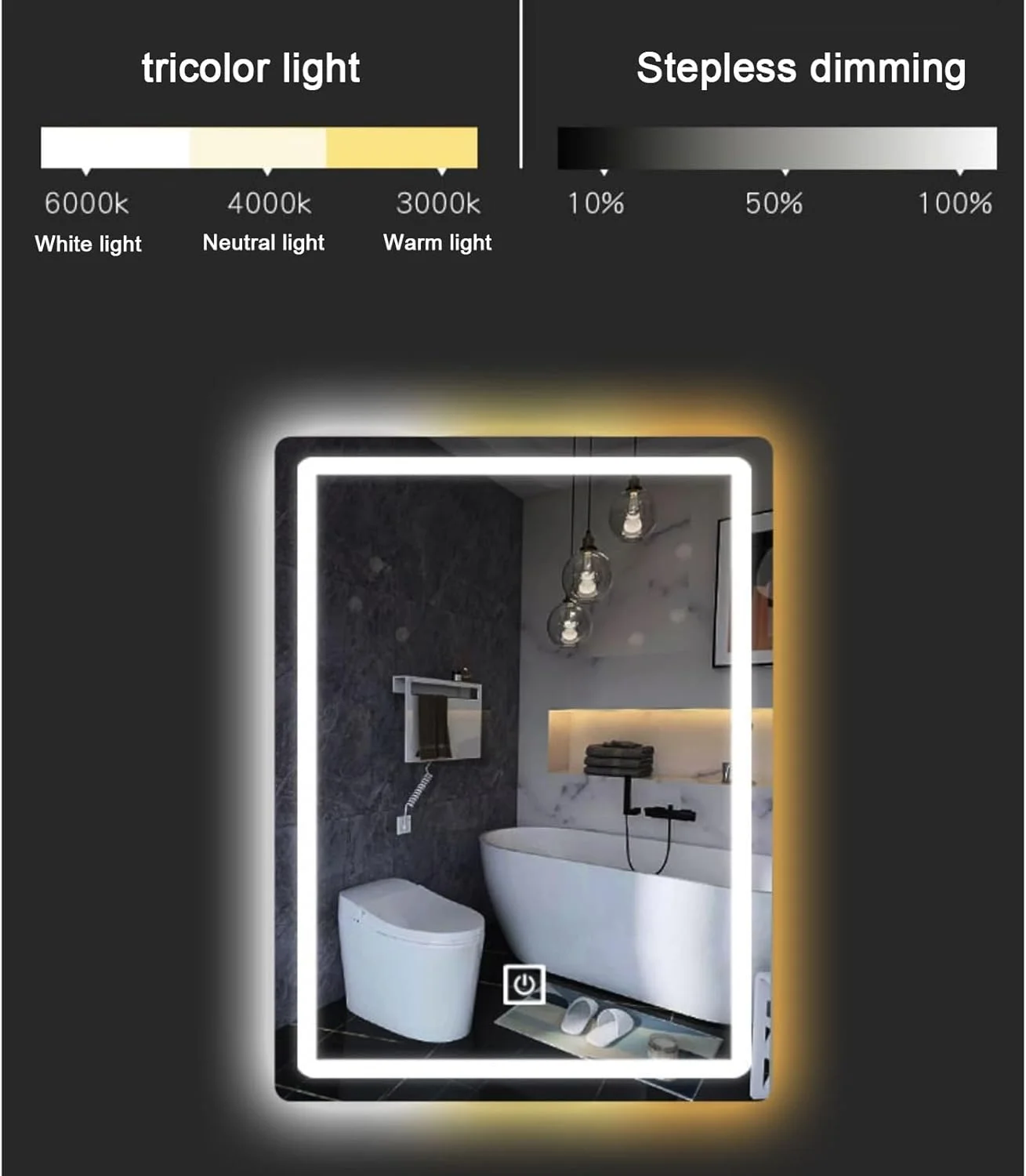آینه حمام هوشمند LED با نورپردازی، آینه حمام با چراغ های LED، آینه روشویی چند منظوره دیواری، با حسگر لمسی/دیمر/پد ضد بخار، ضد آب (W50*H80cm/W19.7*H31.5IN)