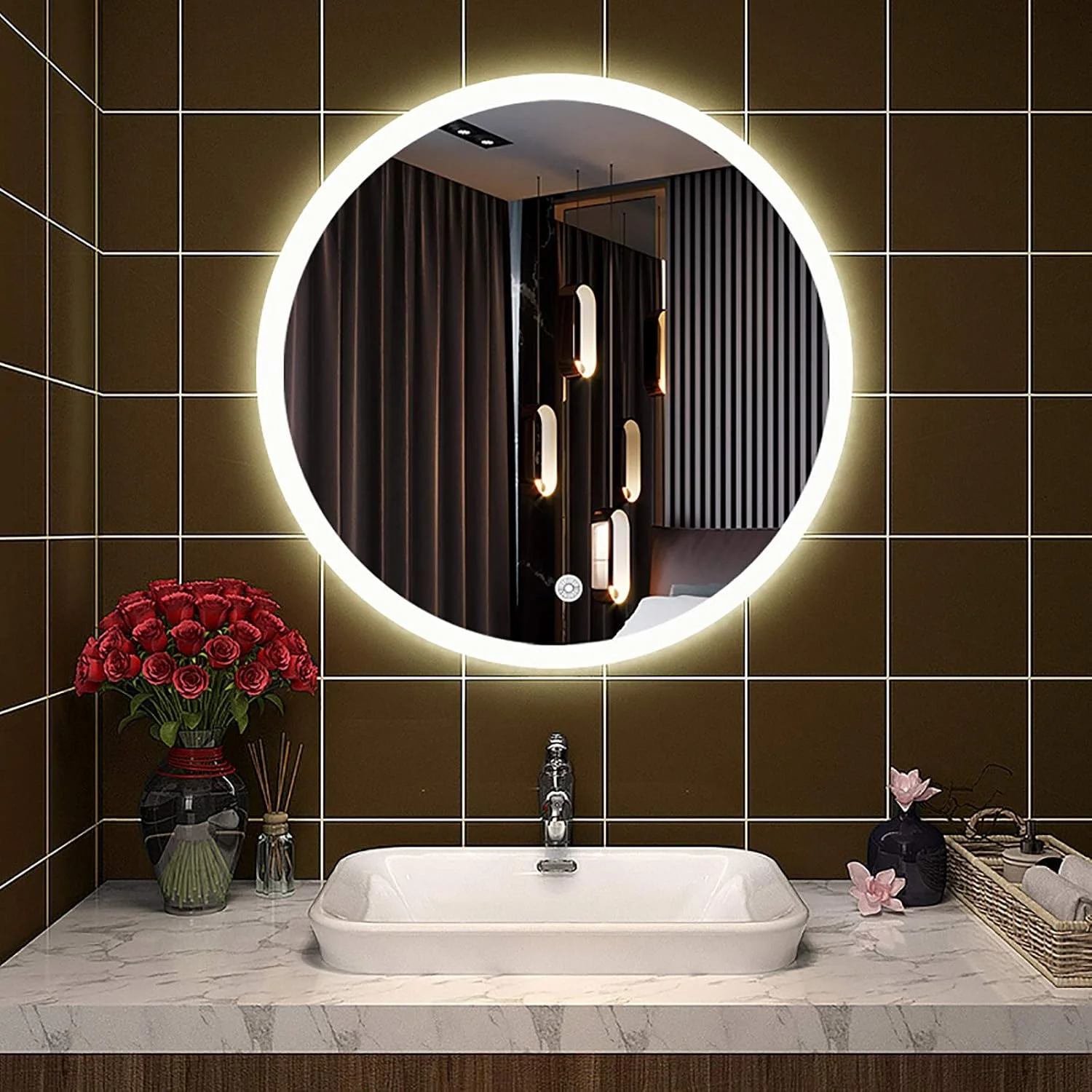 آینه گرد LED دار حمام، آینه دیواری LED دار، آینه اصلاح با نور سفید، بدون حاشیه، مناسب هتل/اتاق خواب/اتاق نشیمن