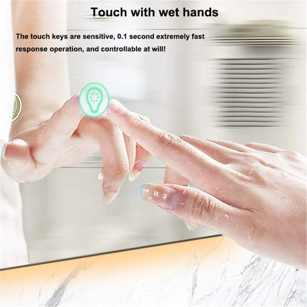 آینه حمام LED نورانی، آینه آرایش دیواری، کلید کنترل لمسی نور، با پد ضد بخار گرمایشی داخلی، دارای استاندارد IP44، افقی، 70×90 سانتی متر