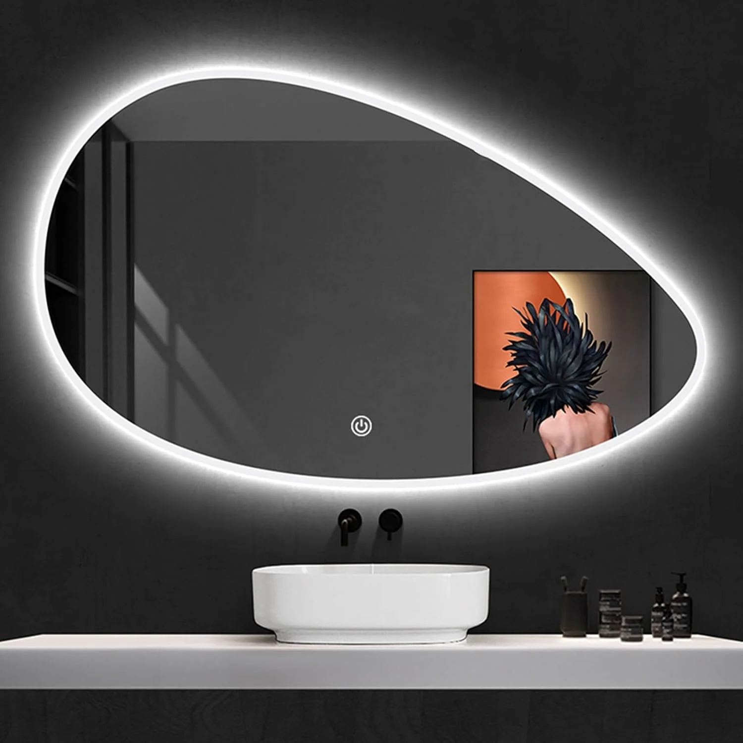 آینه حمام LED با نورپردازی، آینه دیواری بزرگ نامنظم با 3 رنگ نور، آینه روشویی حمام آویز قطره اشکی با ضد مه و عملکرد نمایش زمان (رنگ: A، اندازه: 50x80 (A 70x1