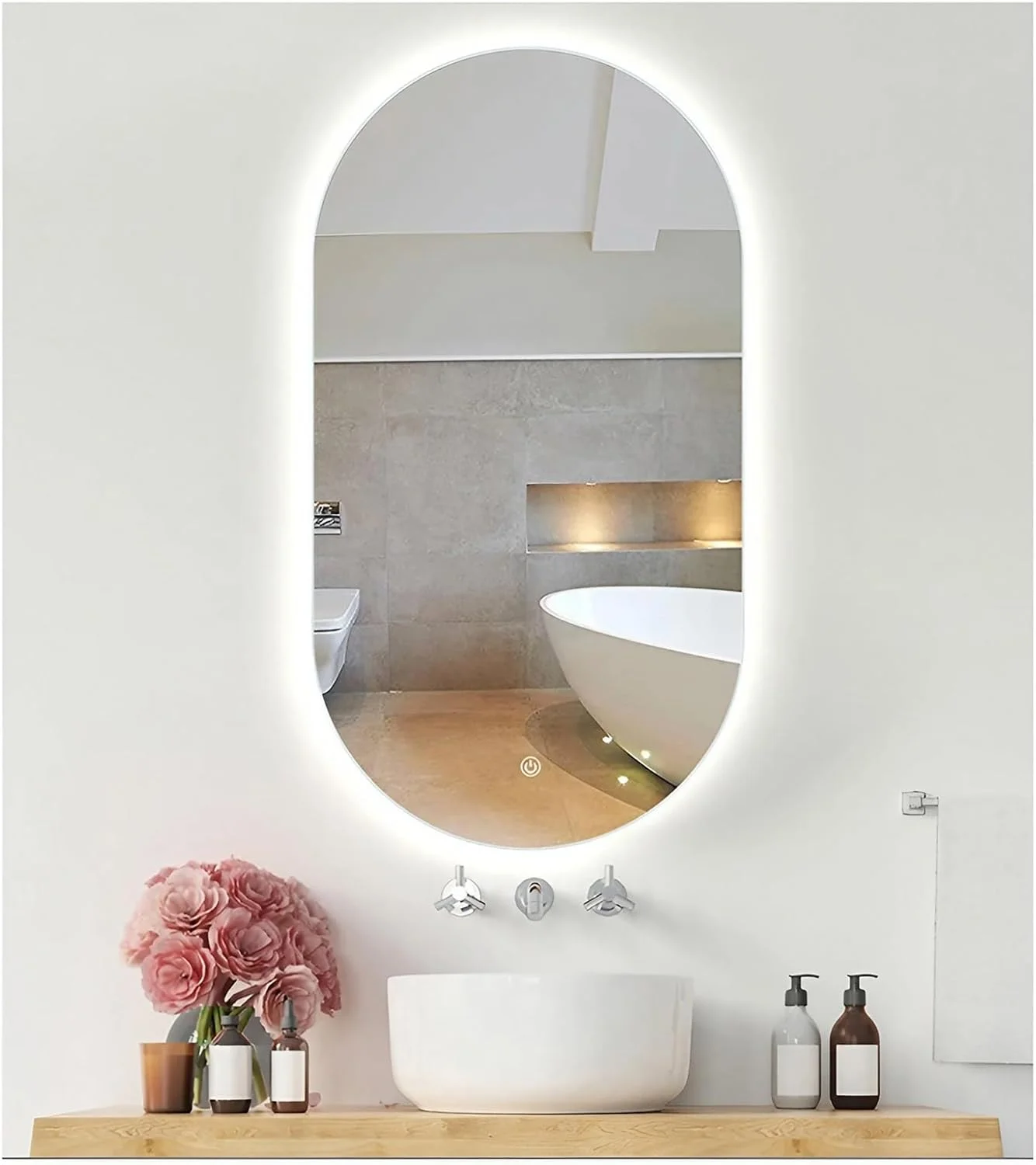 آینه حمام ال ای دی 500 در 800 میلی متر، آینه روشویی دیواری با نور پس زمینه، ضد بخار، آینه آرایش با کلید لمسی سنسور سه رنگ و قابلیت تنظیم نور