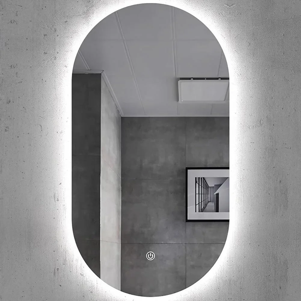 آینه حمام ال ای دی 500 در 800 میلی متر، آینه روشویی دیواری با نور پس زمینه، ضد بخار، آینه آرایش با کلید لمسی سنسور سه رنگ و قابلیت تنظیم نور