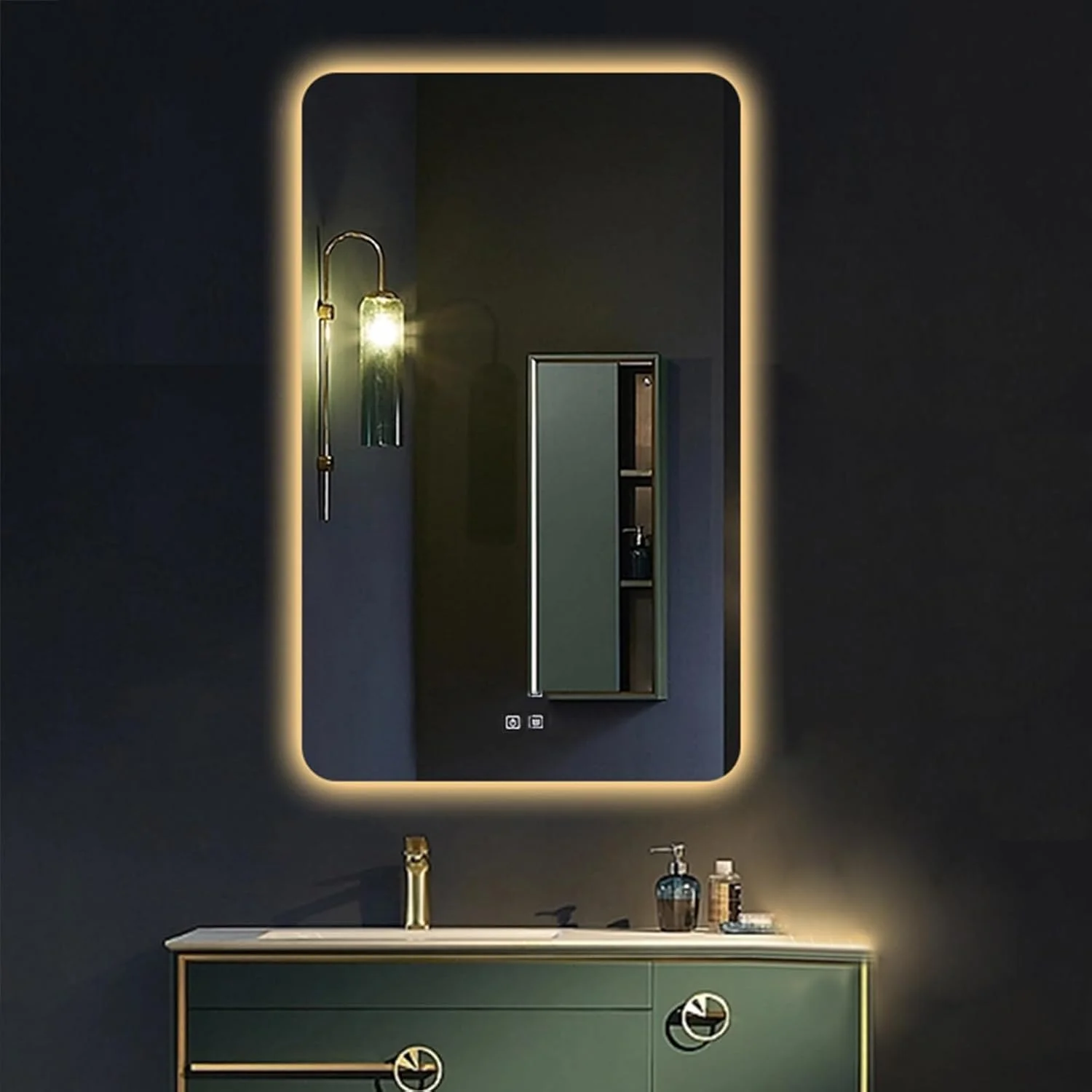 آینه حمام LED نورانی، مستطیل بدون قاب، آینه آرایش دیواری، نورپردازی کم نور شونده 3 رنگ، آینه روشویی ضد مه با کلید لمسی، برای اتاق نشیمن حمام (رنگ: A، اندازه: 19.6 اینچ)