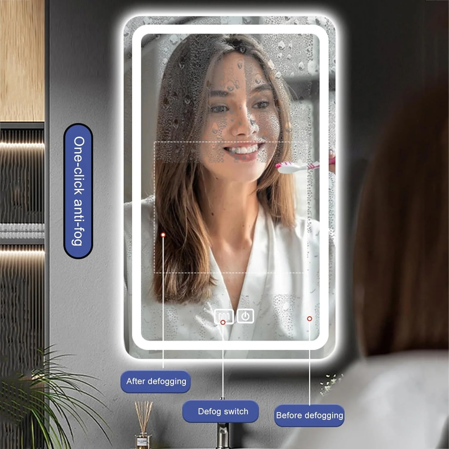 آینه حمام LED نورانی، مستطیل بدون قاب، آینه آرایش دیواری، نورپردازی کم نور شونده 3 رنگ، آینه روشویی ضد مه با کلید لمسی، برای اتاق نشیمن حمام (رنگ: A، اندازه: 19.6 اینچ)