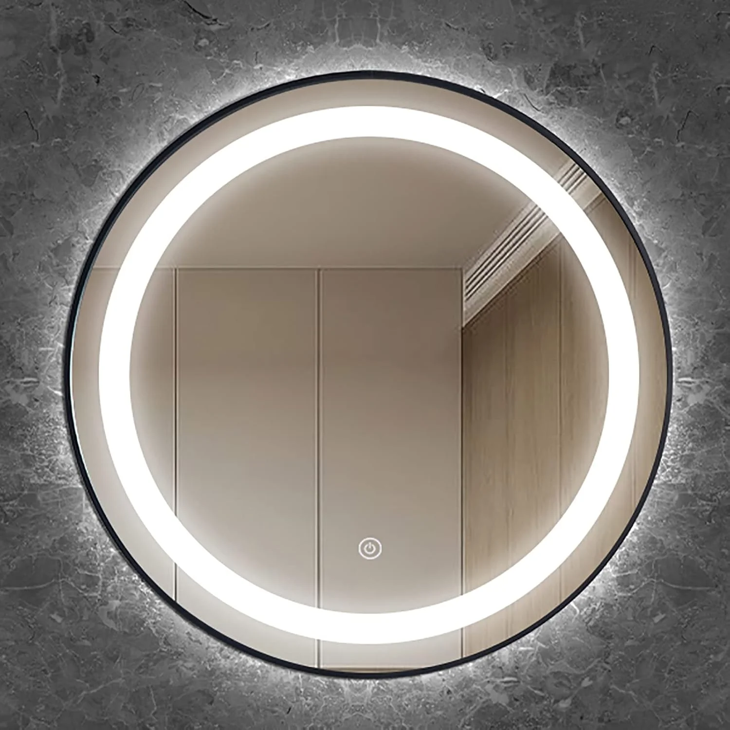 آینه گرد حمام LED با کلید لمسی دیمر، عملکرد دیمینگ 3 رنگ، آینه های حمام دیواری با قاب فلزی برای آرایش | دارای استاندارد IP44