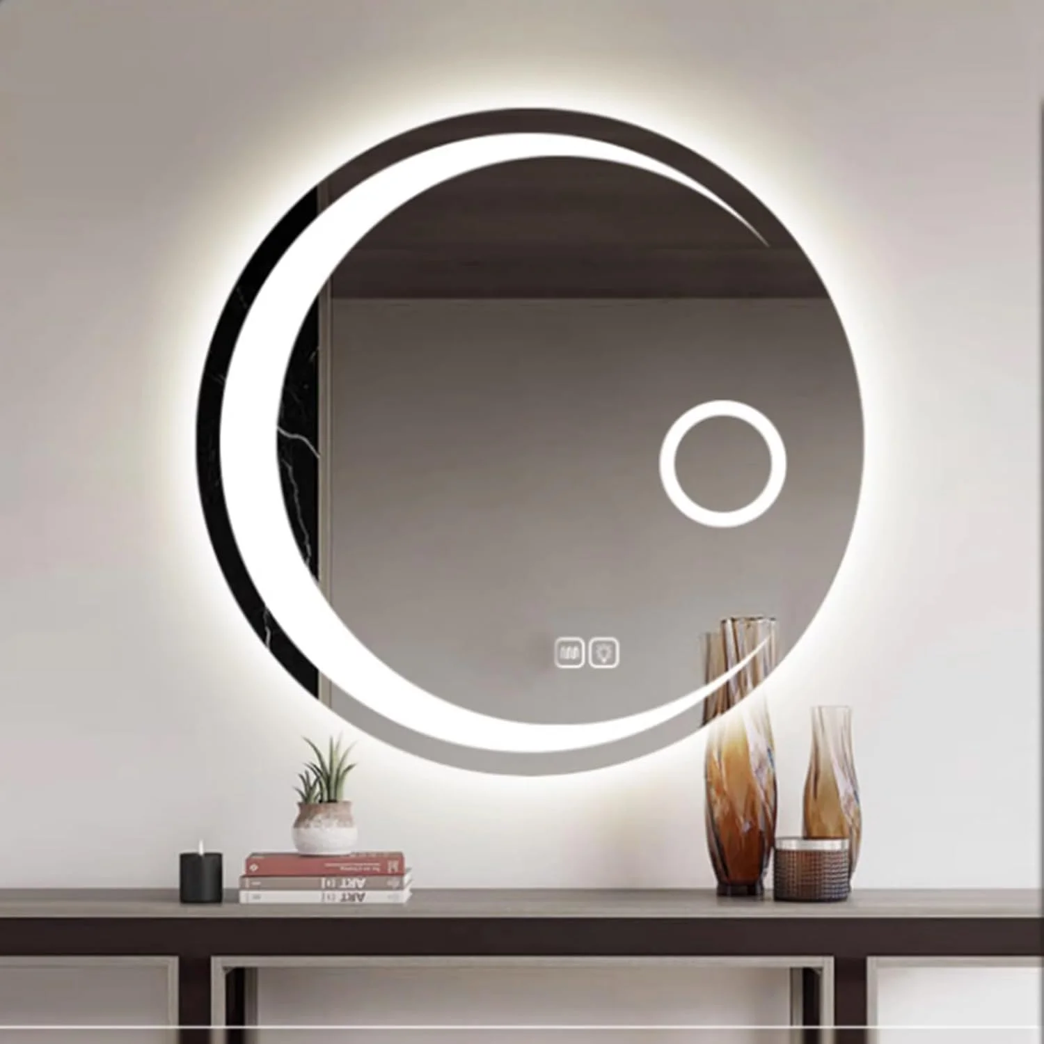 آینه حمام گرد نورانی، آینه آرایشی ال ای دی بزرگنمایی بدون قاب، کم نور شونده بی نهایت، تک لمسی، 3 رنگ نور، دکمه دو لمسی (رنگ: تک لمسی + نور سفید، اندازه: 90)