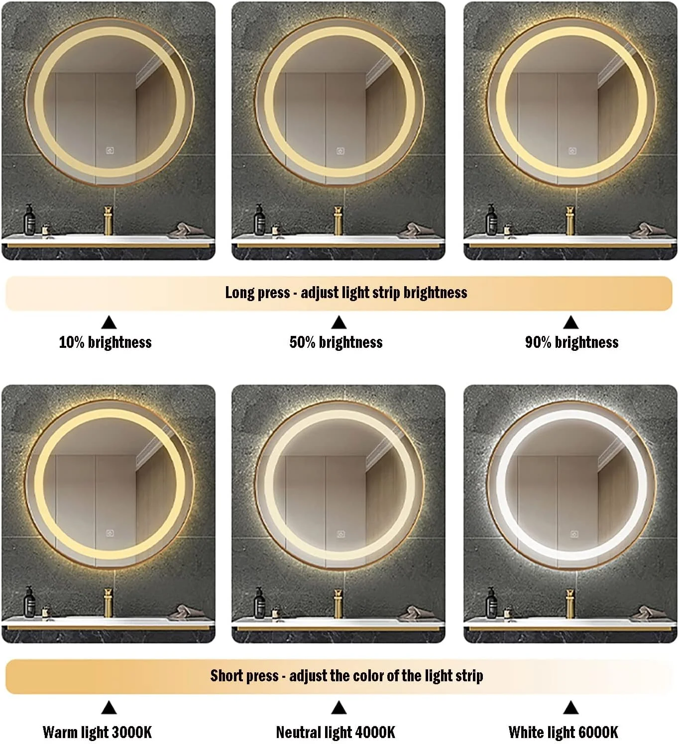 آینه گرد حمام LED با کلید لمسی دیمر، عملکرد دیمینگ 3 رنگ، آینه های حمام دیواری با قاب فلزی برای آرایش | دارای استاندارد IP44