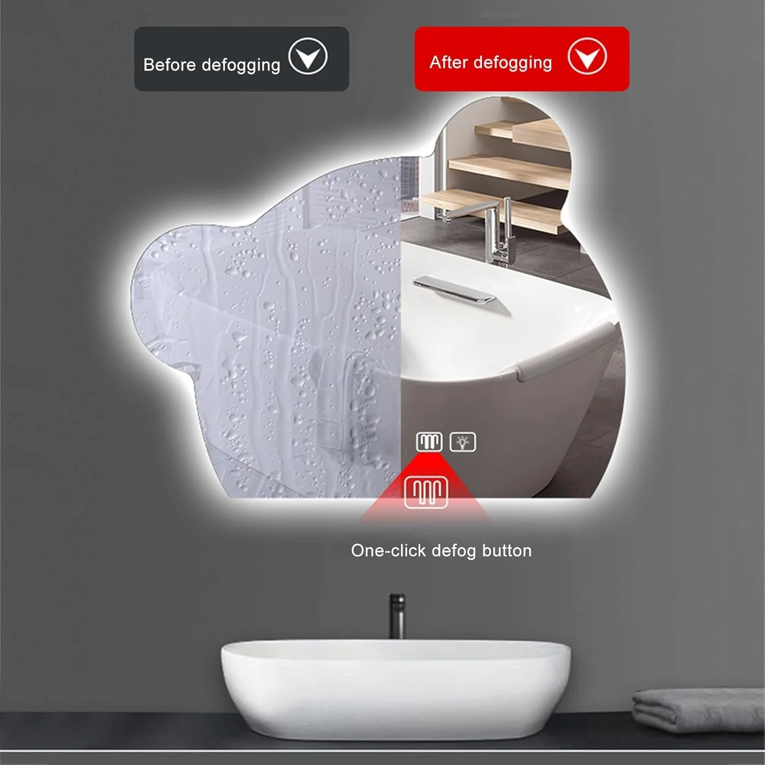 آینه حمام نورپردازی شده، آینه دیواری ضد انفجار با قابلیت تنظیم نور سه رنگ، آینه روشویی مستطیلی مدرن ضد مه، مناسب برای روشویی، حمام، اتاق خواب (رنگ: A، سایز: 50x65CM / "19.6x25.5")