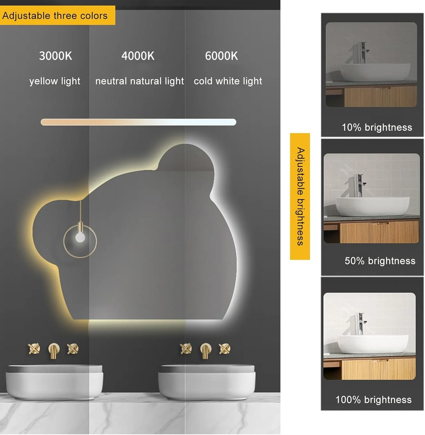 آینه حمام نورپردازی شده، آینه دیواری ضد انفجار با قابلیت تنظیم نور سه رنگ، آینه روشویی مستطیلی مدرن ضد مه، مناسب برای روشویی، حمام، اتاق خواب (رنگ: A، سایز: 50x65CM / "19.6x25.5")