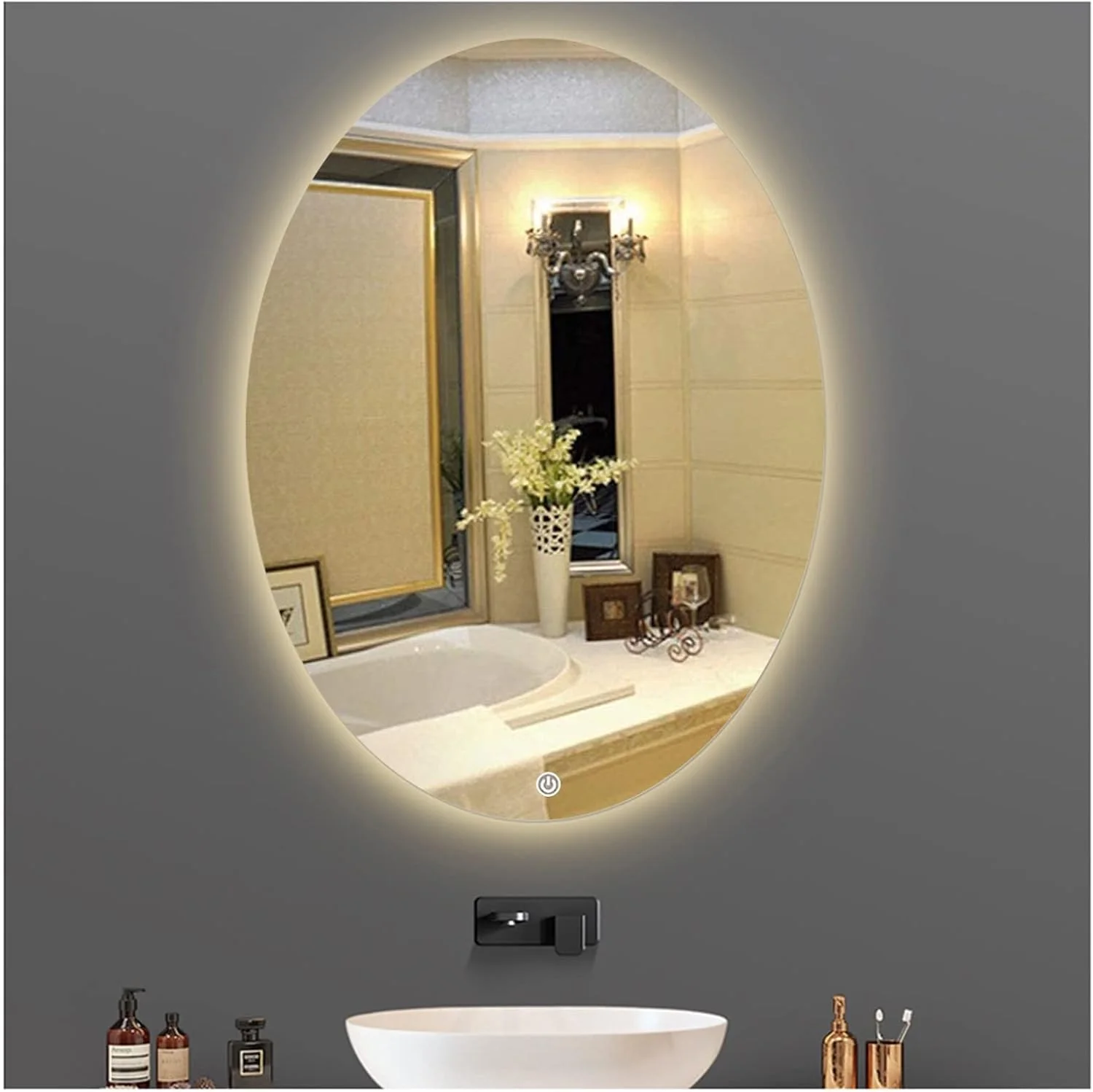 آینه حمام LED بیضی شکل با نور پس زمینه 500x700 میلی متر، دارای پد ضد بخار، نصب دیواری، سنسور لمسی تکی، استاندارد IP44، آینه روشویی مدرن و هوشمند، بدون قاب (نور گرم 60x80 سانتی متر)