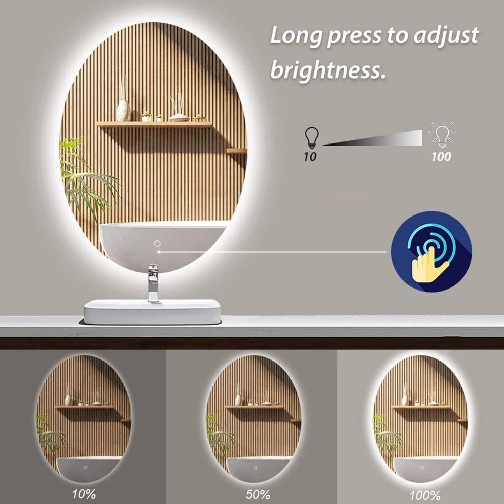 آینه حمام LED بیضی شکل با نور پس زمینه 500x700 میلی متر، دارای پد ضد بخار، نصب دیواری، سنسور لمسی تکی، استاندارد IP44، آینه روشویی مدرن و هوشمند، بدون قاب (نور گرم 60x80 سانتی متر)