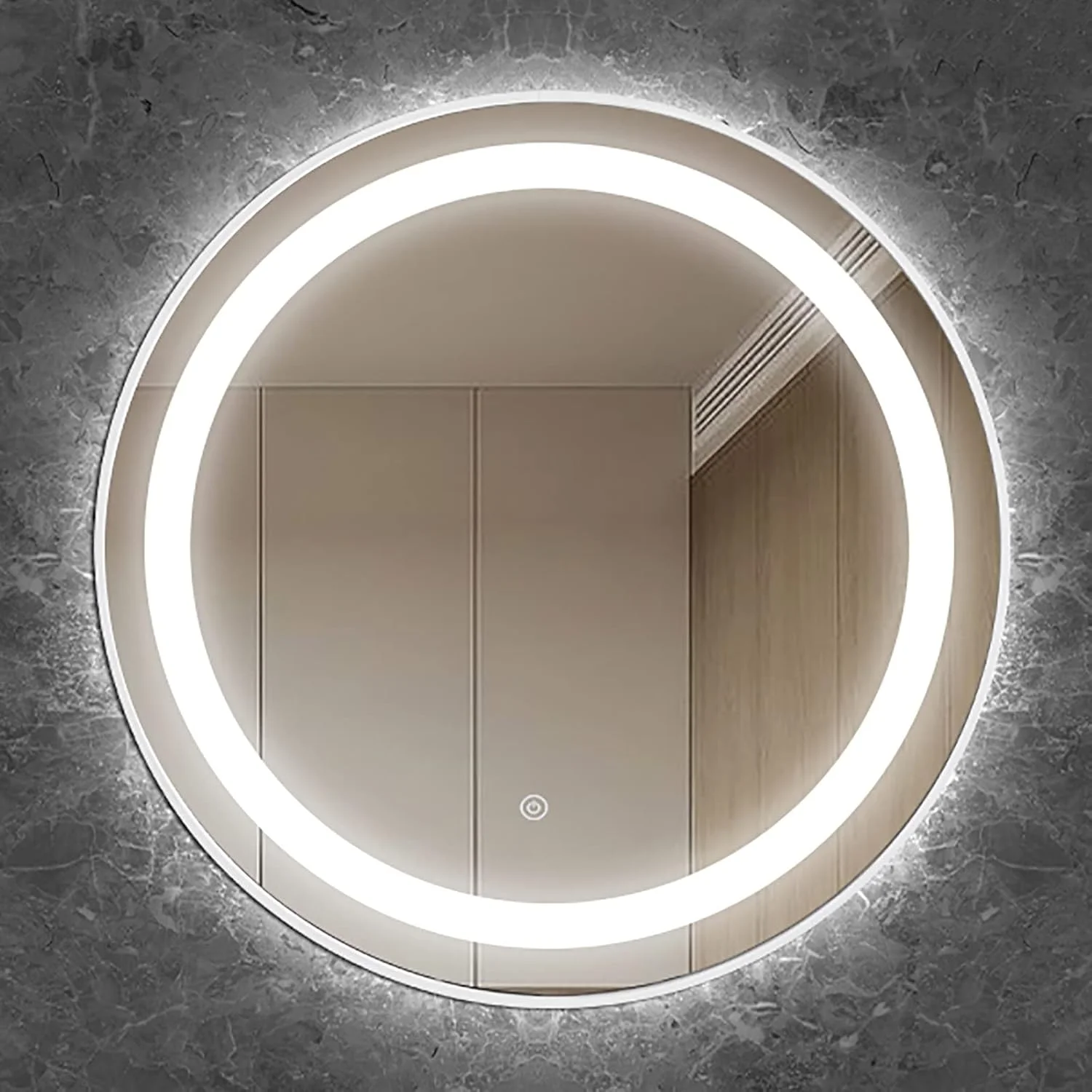 آینه گرد حمام با نور LED و دکمه لمسی دیمر، قابلیت تغییر رنگ نور در سه حالت، آینه دیواری حمام با قاب فلزی مناسب آرایش | دارای استاندارد IP44