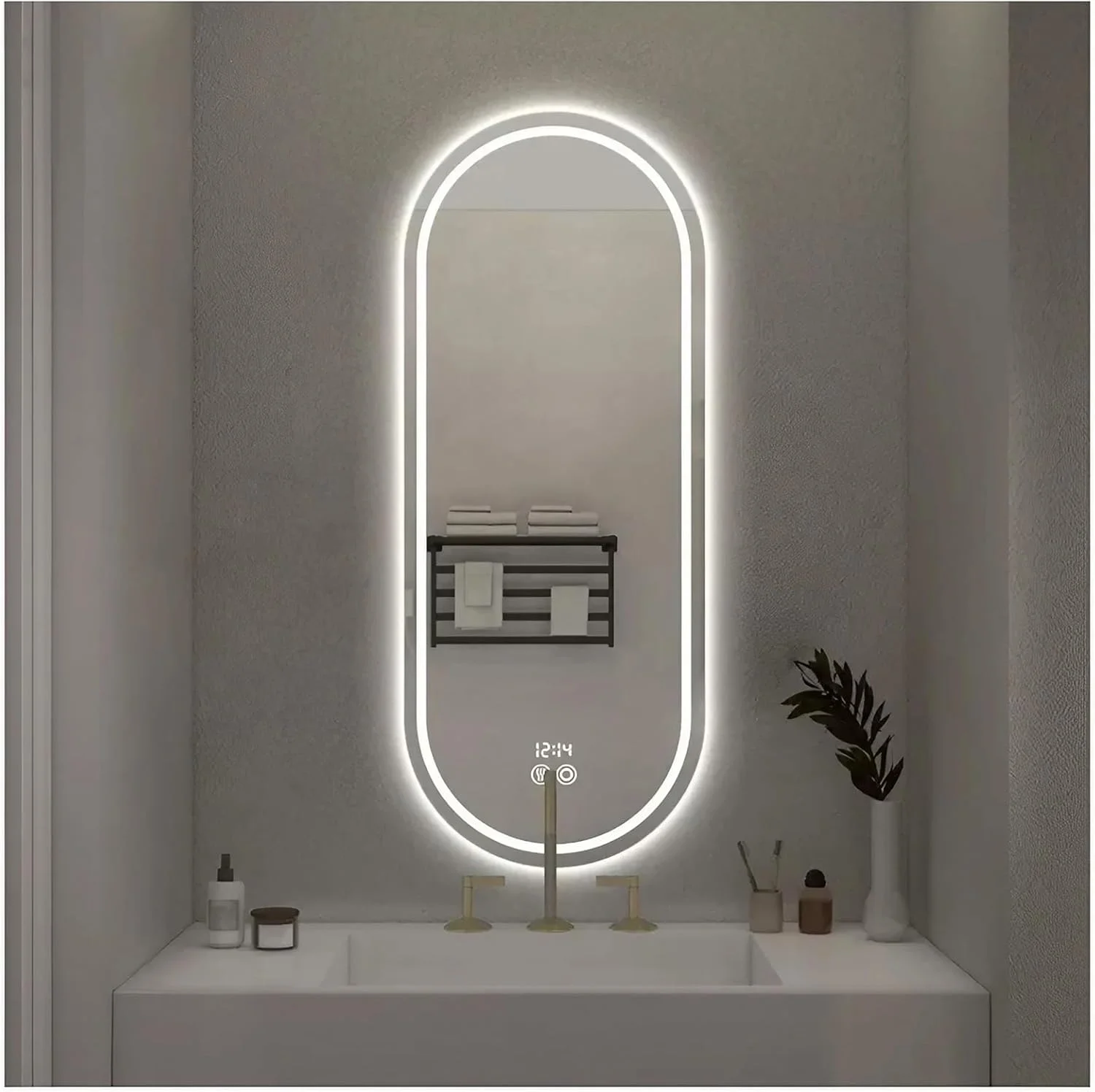 آینه حمام ال ای دی 500 در 800 میلی‌متر با سیستم ضد بخار، آینه دیواری لمسی با حسگر سه رنگ و قابلیت تنظیم نور، شیشه ضد شکست