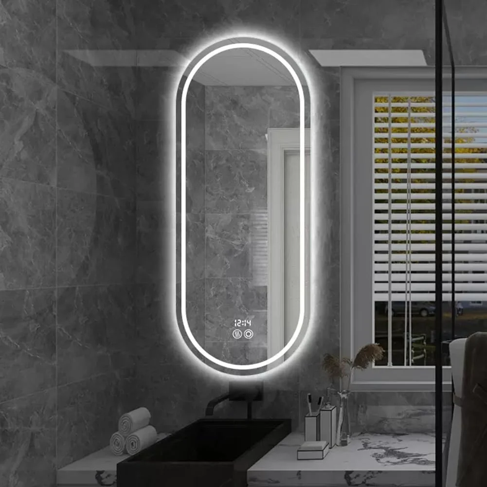 آینه حمام ال ای دی 500 در 800 میلی‌متر با سیستم ضد بخار، آینه دیواری لمسی با حسگر سه رنگ و قابلیت تنظیم نور، شیشه ضد شکست