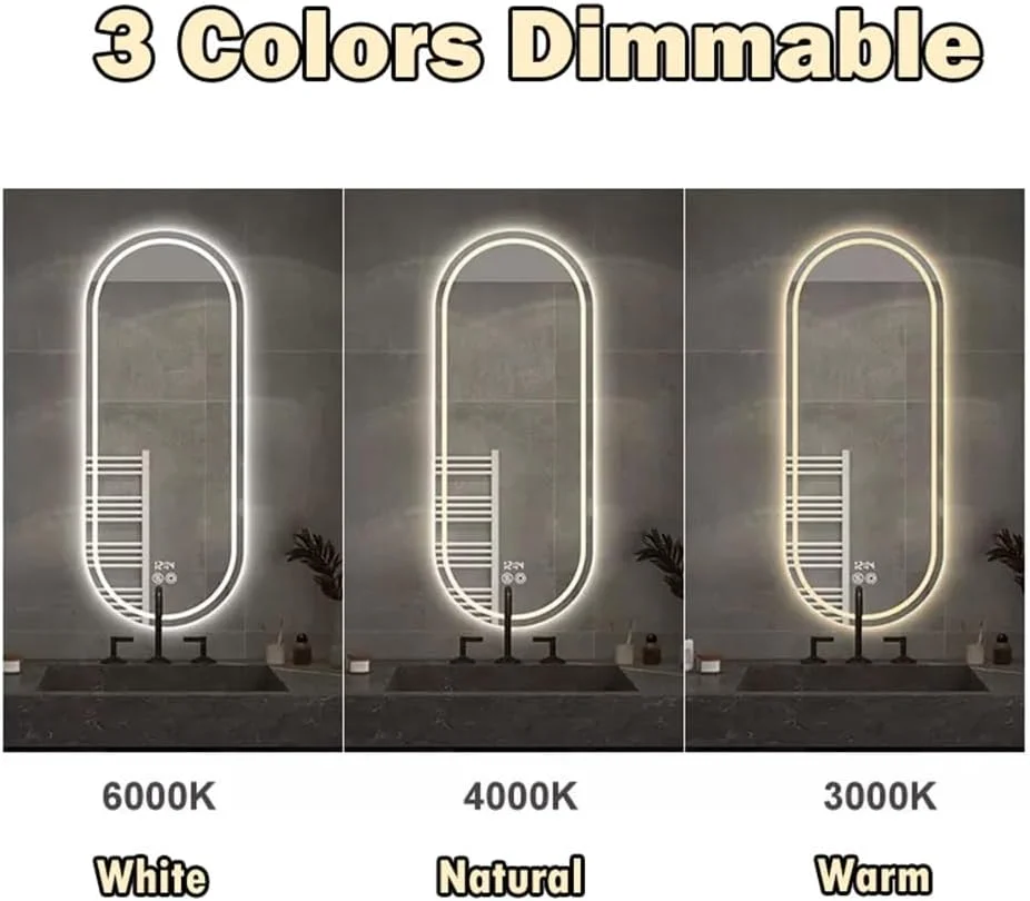 آینه حمام ال ای دی 500 در 800 میلی‌متر با سیستم ضد بخار، آینه دیواری لمسی با حسگر سه رنگ و قابلیت تنظیم نور، شیشه ضد شکست