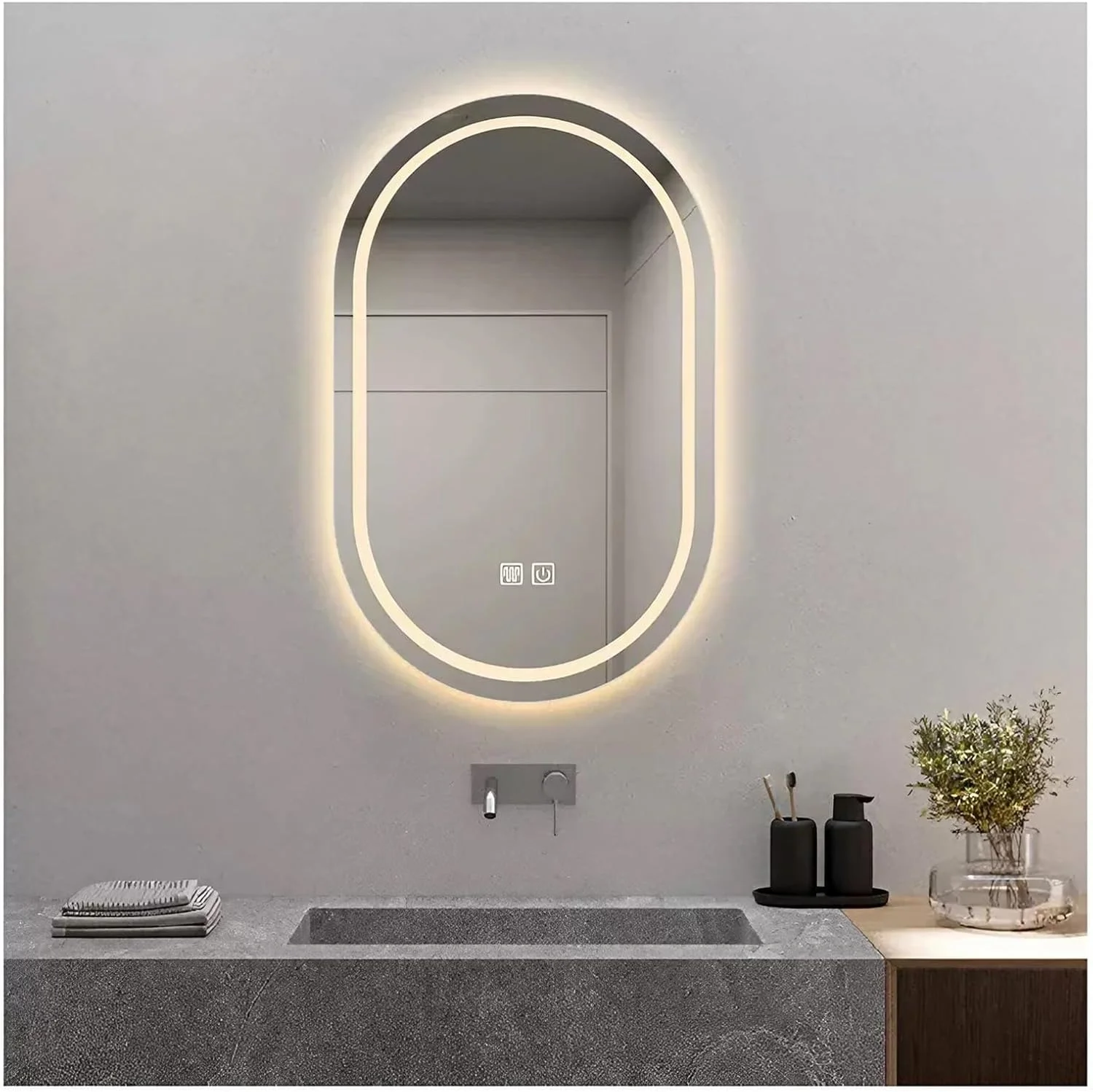 آینه حمام LED بیضی شکل روشن 500x800 میلی متر، آینه آرایش با ضد مه، آینه روشویی دیواری با کلید حسگر لمسی و قابلیت تنظیم نور