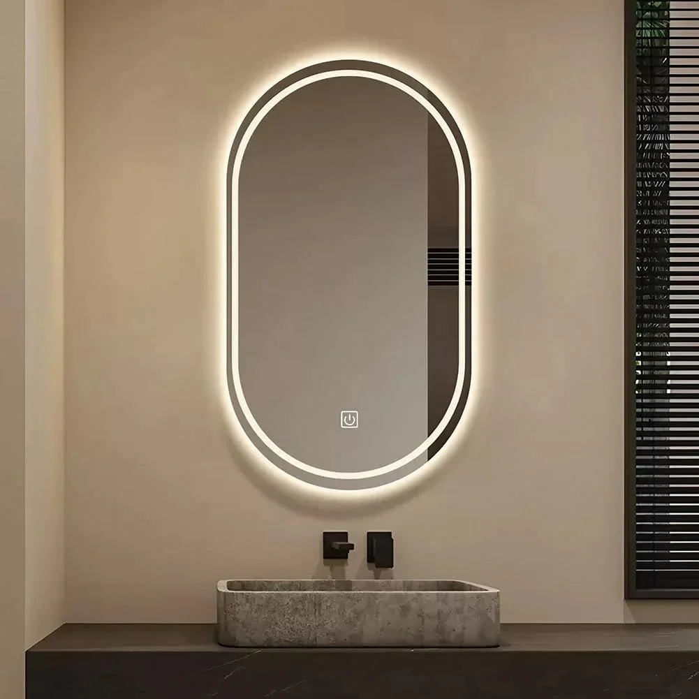 آینه حمام LED بیضی شکل روشن 500x800 میلی متر، آینه آرایش با ضد مه، آینه روشویی دیواری با کلید حسگر لمسی و قابلیت تنظیم نور