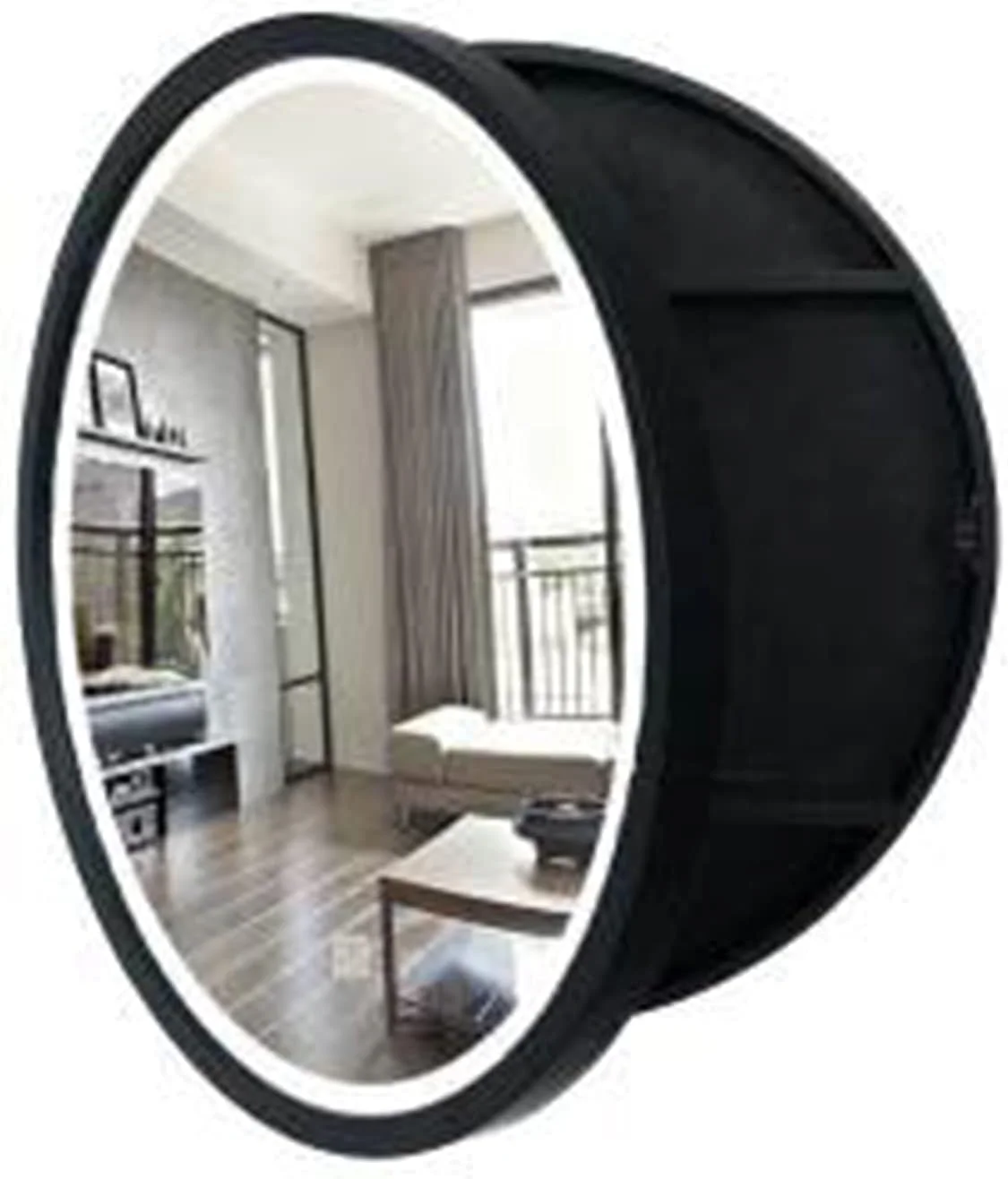 آینه حمام LED دار کابینتی گرد چوبی دیواری با واحد ذخیره سازی و کلید لمسی هوشمند، مونتاژ شده کامل، قهوه ای، 70 سانتی متر