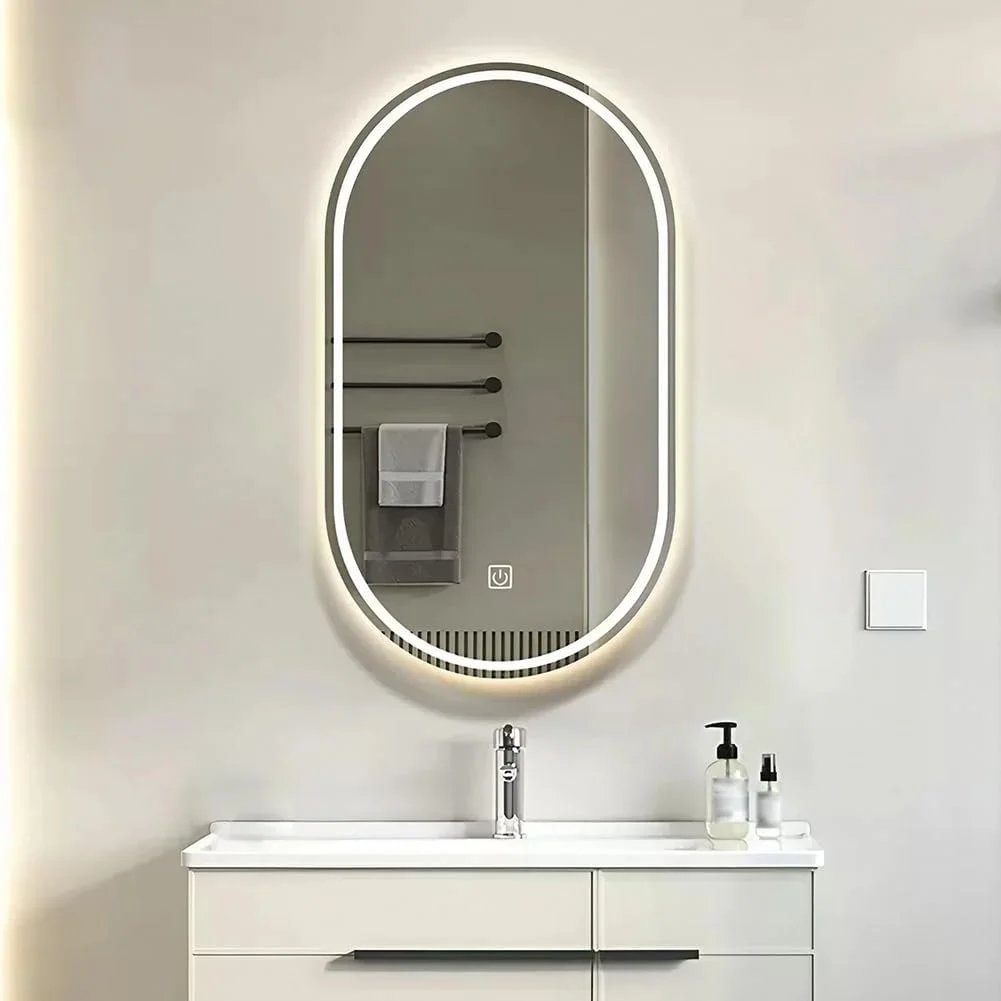 آینه حمام LED بیضی شکل روشن 500x800 میلی متر، آینه آرایش با ضد مه، آینه روشویی دیواری با کلید حسگر لمسی و قابلیت تنظیم نور