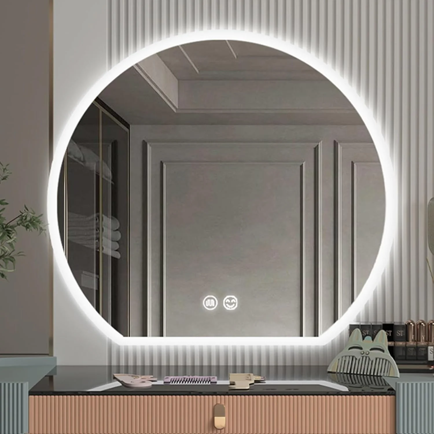 آینه حمام نورپردازی شده، آینه دیواری ضد بخار حمام با چراغ های LED، آینه آرایشی با کلید حسگر لمسی، نور LED سه رنگ قابل تنظیم (رنگ: پایین، سایز: 52 * 60 سانتی متر)