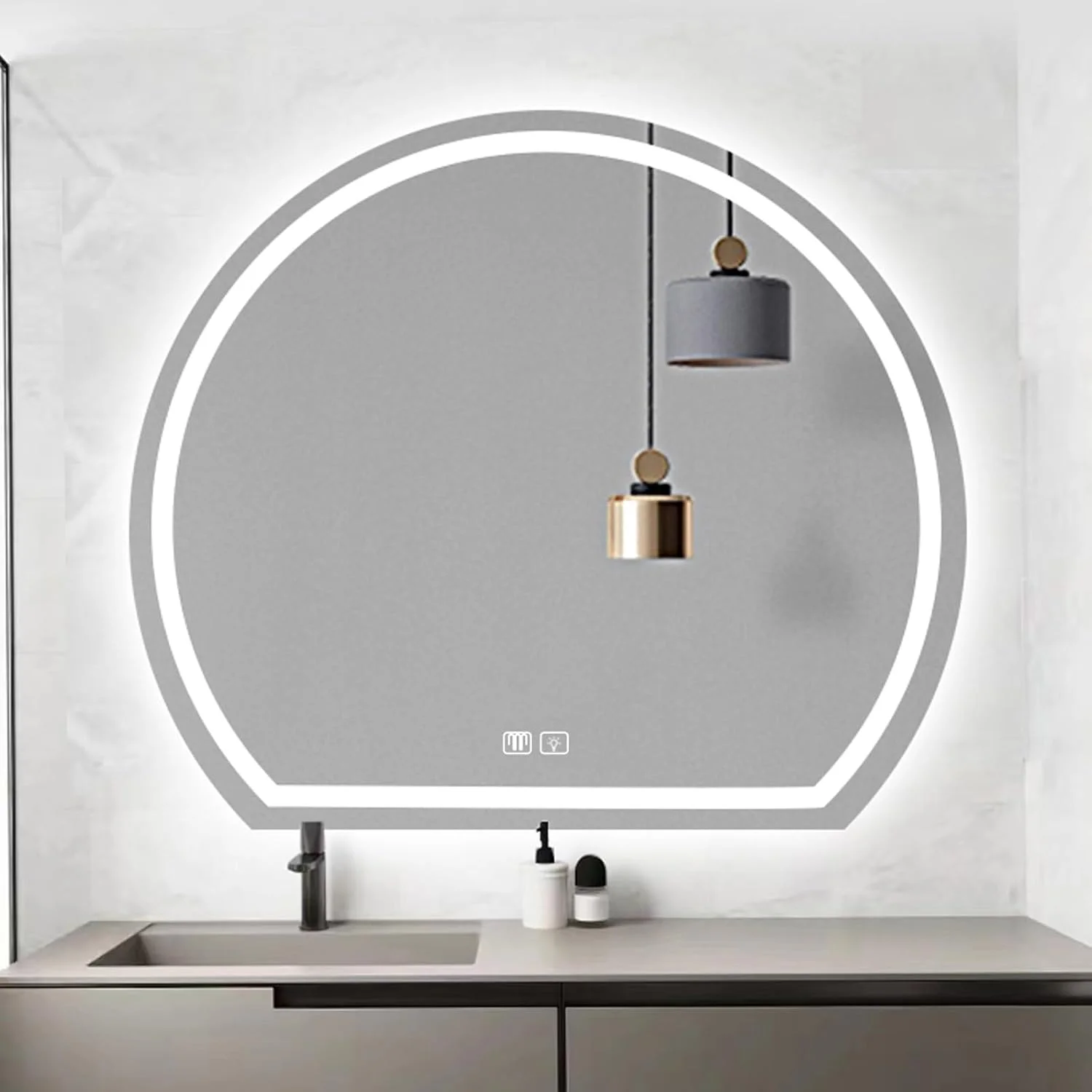 آینه حمام LED نورانی، آینه دیواری ضد بخار حمام با کلید حسگر لمسی و چراغ های LED، آینه آرایشی، نور LED سه رنگ قابل تنظیم، آینه دیواری بدون قاب (رنگ: پایین، سایز: 24.8*27