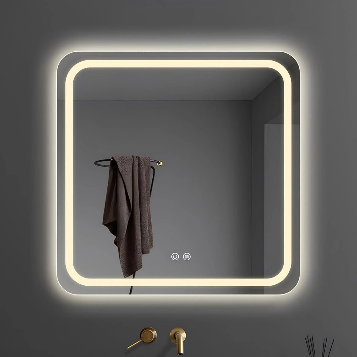 آینه حمام نورانی با چراغ های LED، آینه روشویی ضد مه نصب شده روی دیوار، آینه تزئینی، لمس دوتایی، نور LED سه رنگ قابل تنظیم (رنگ: A، اندازه: 90 * 90 سانتی متر / 35.4 * 35.4 اینچ)