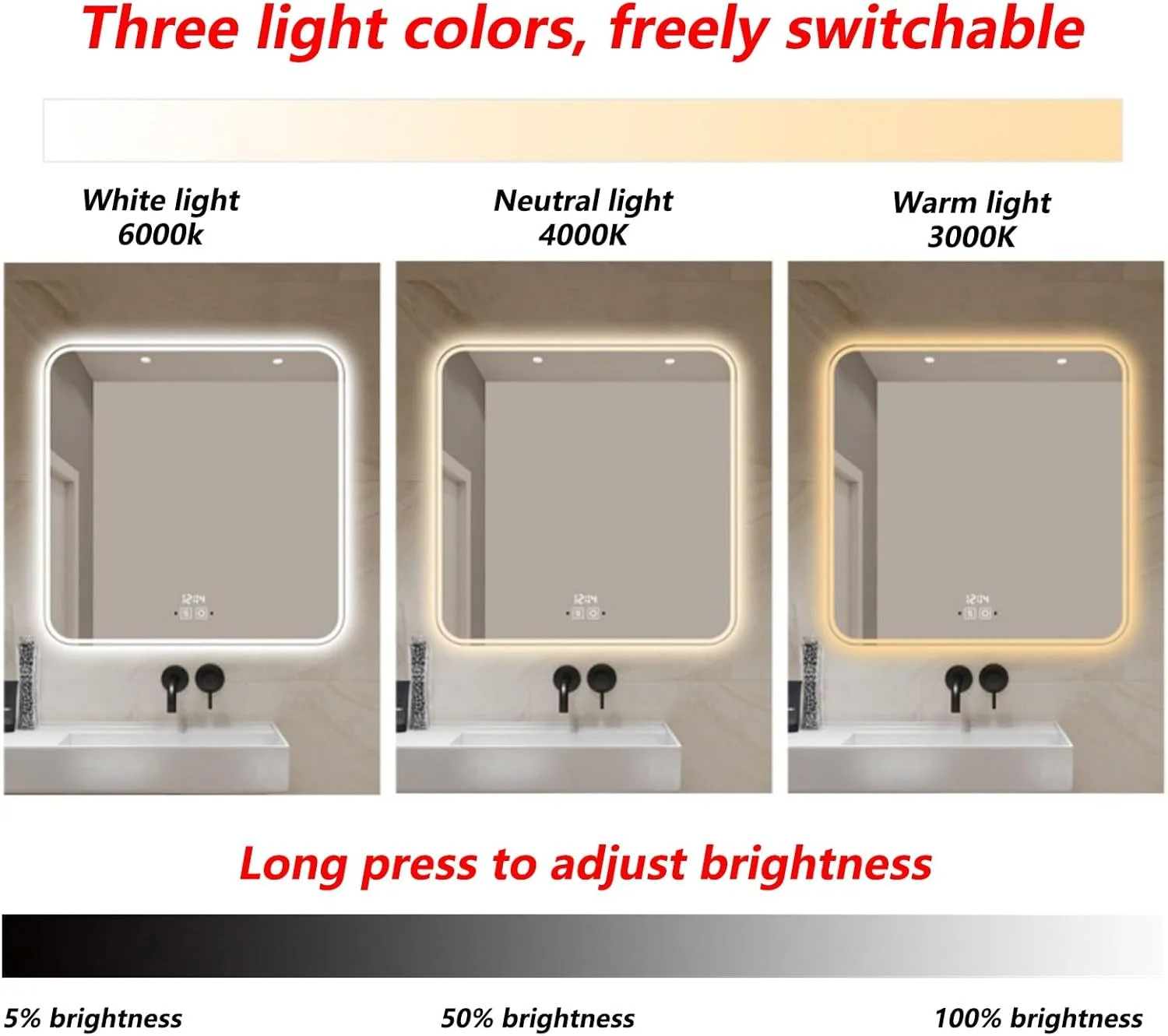 آینه حمام نورانی با چراغ های LED، آینه روشویی ضد مه نصب شده روی دیوار، آینه تزئینی، لمس دوتایی، نور LED سه رنگ قابل تنظیم (رنگ: A، اندازه: 90 * 90 سانتی متر / 35.4 * 35.4 اینچ)