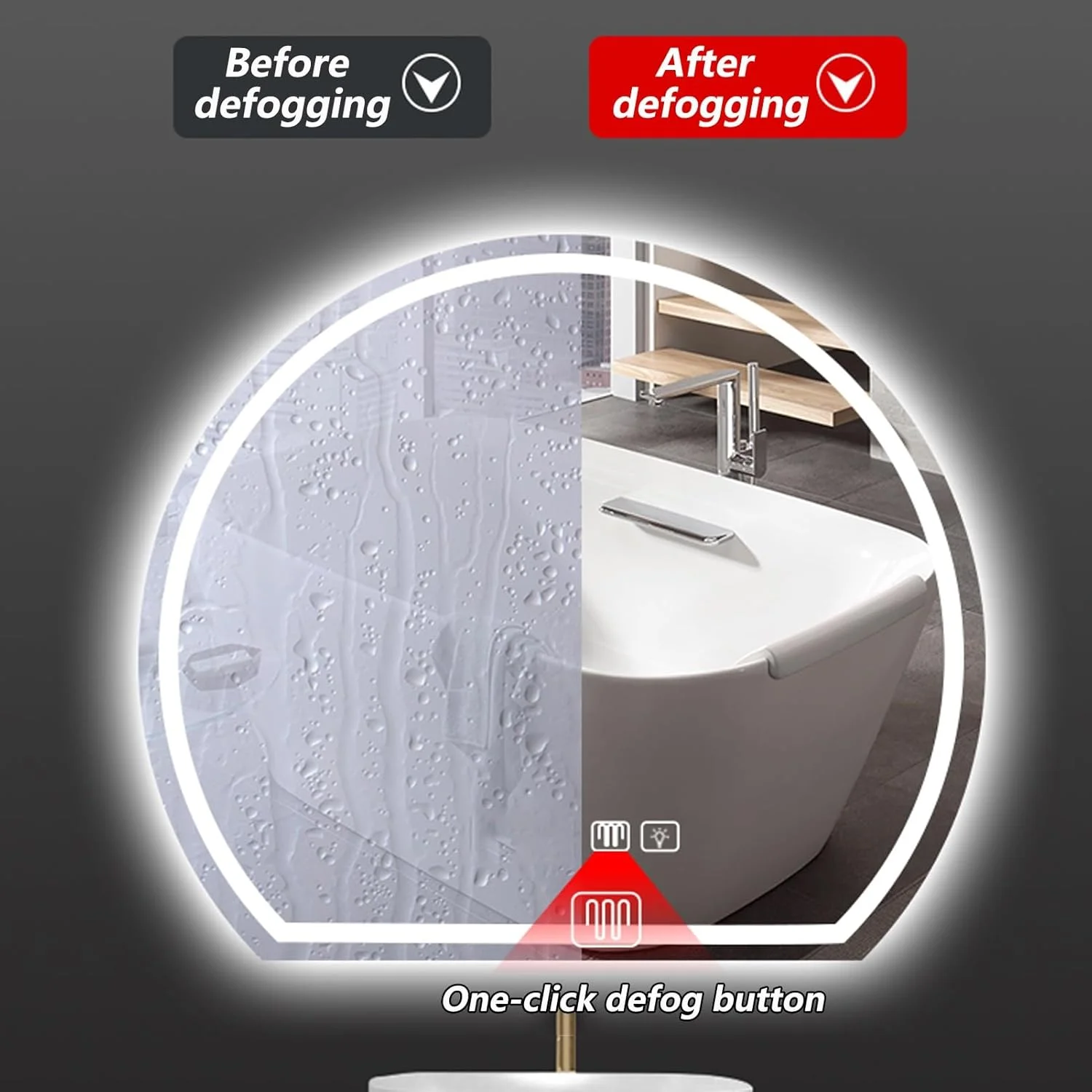 آینه حمام LED نورانی، آینه دیواری ضد مه حمام با کلید حسگر لمسی و چراغ های LED، آینه آرایشی، نور LED سه رنگ قابل تنظیم، آینه دیواری بدون قاب (رنگ: راست، اندازه: 24.8*2