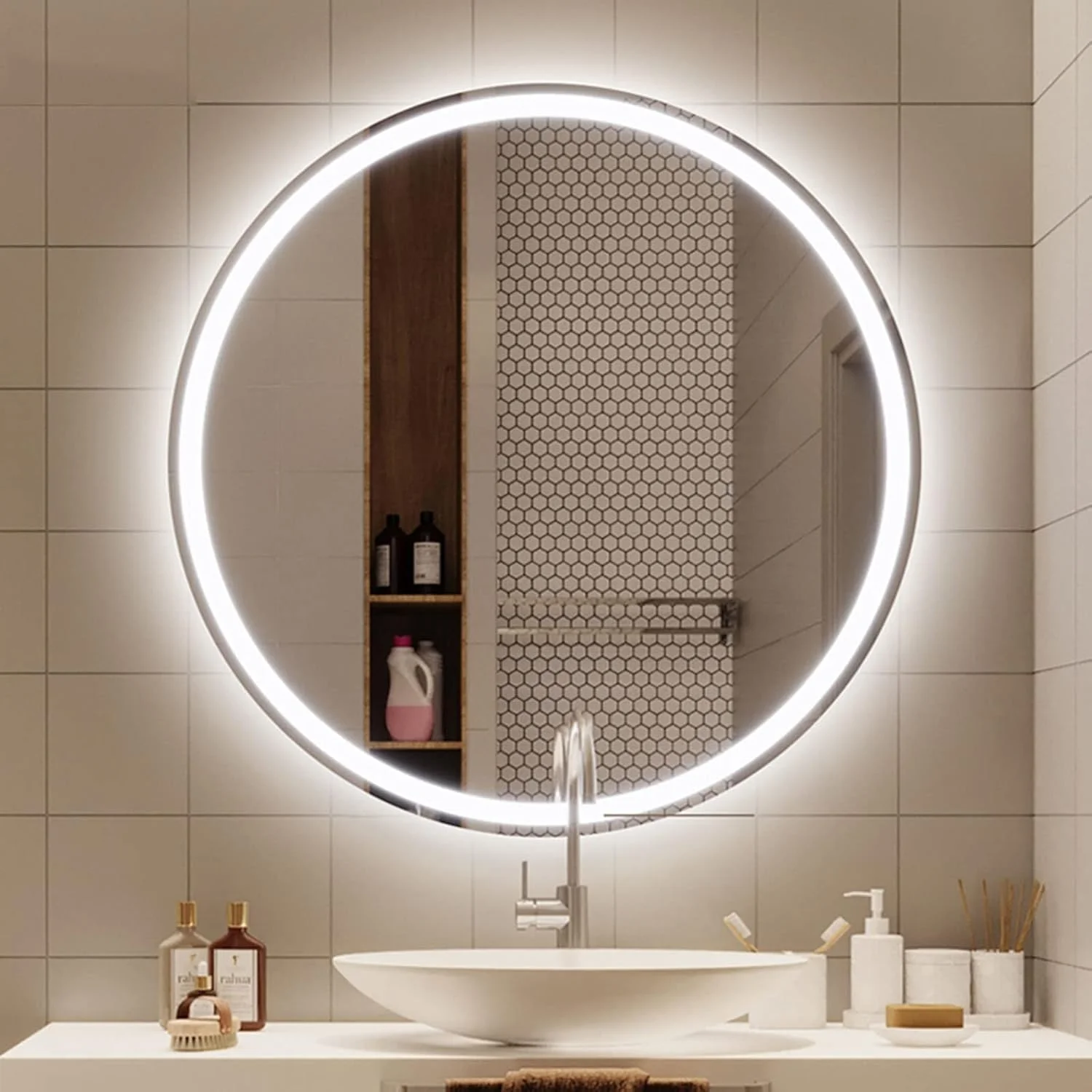 آینه گرد حمام LED با نور پس زمینه، آینه روشویی دیواری با چراغ، آینه آرایش، دارای استاندارد IP44 (رنگ: نور سفید، اندازه: گرد 80 سانتی متر بدون قاب) (نور سفید گرد 80 سانتی متر بدون قاب)