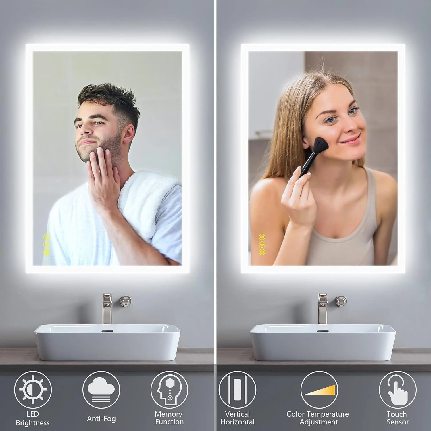 آینه حمام LED دار ICYWANG، ابعاد 500x700 میلی متر، آینه روشویی دیواری با نور پس زمینه قابل تنظیم و ضد بخار، دارای 3 حالت نورپردازی و پد ضد مه