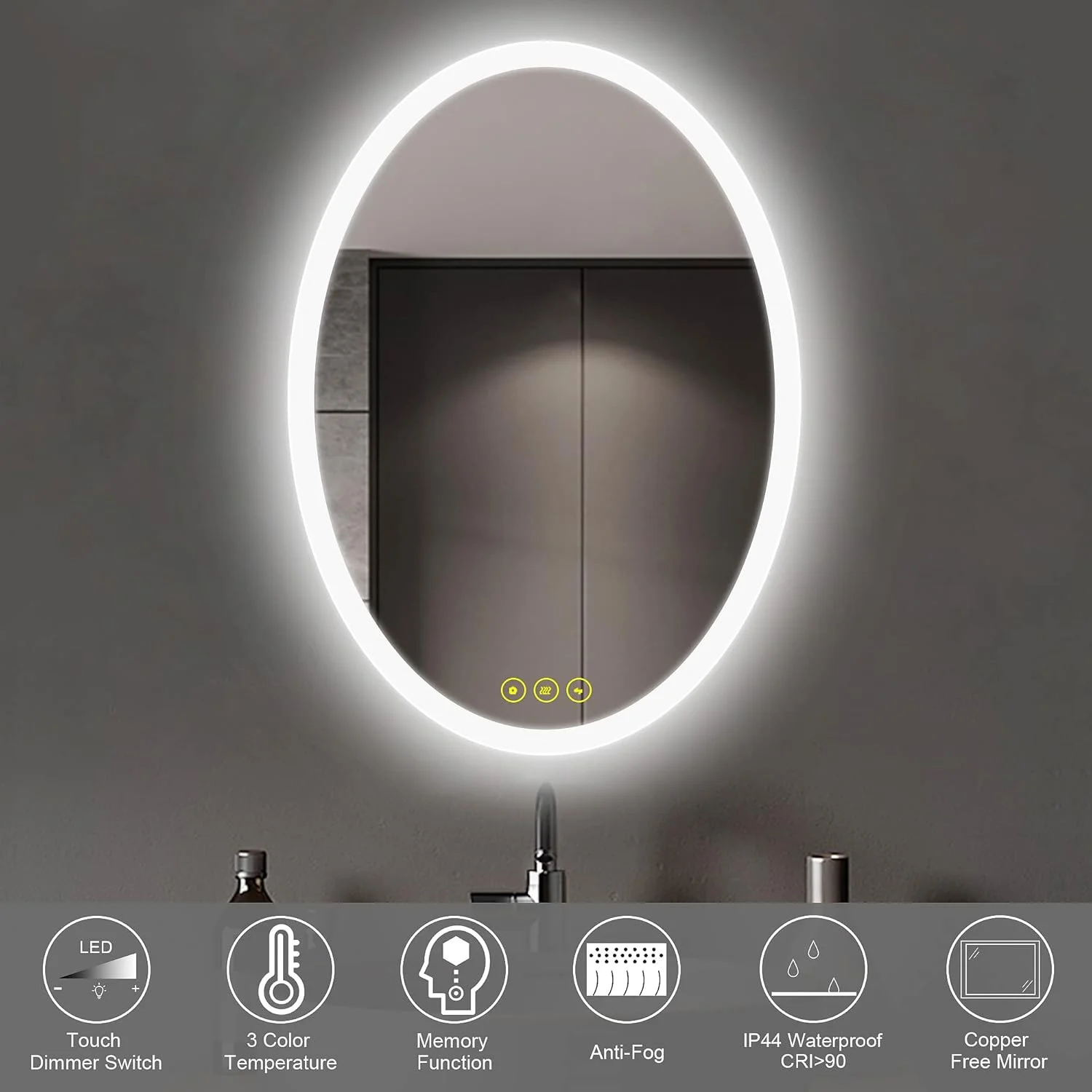 آینه بیضی شکل 50x70 سانتی متری حمام ICYWANG با چراغ های LED، آینه آرایش روشن با قابلیت ضد مه، 3 حالت رنگ و عملکرد کم نور