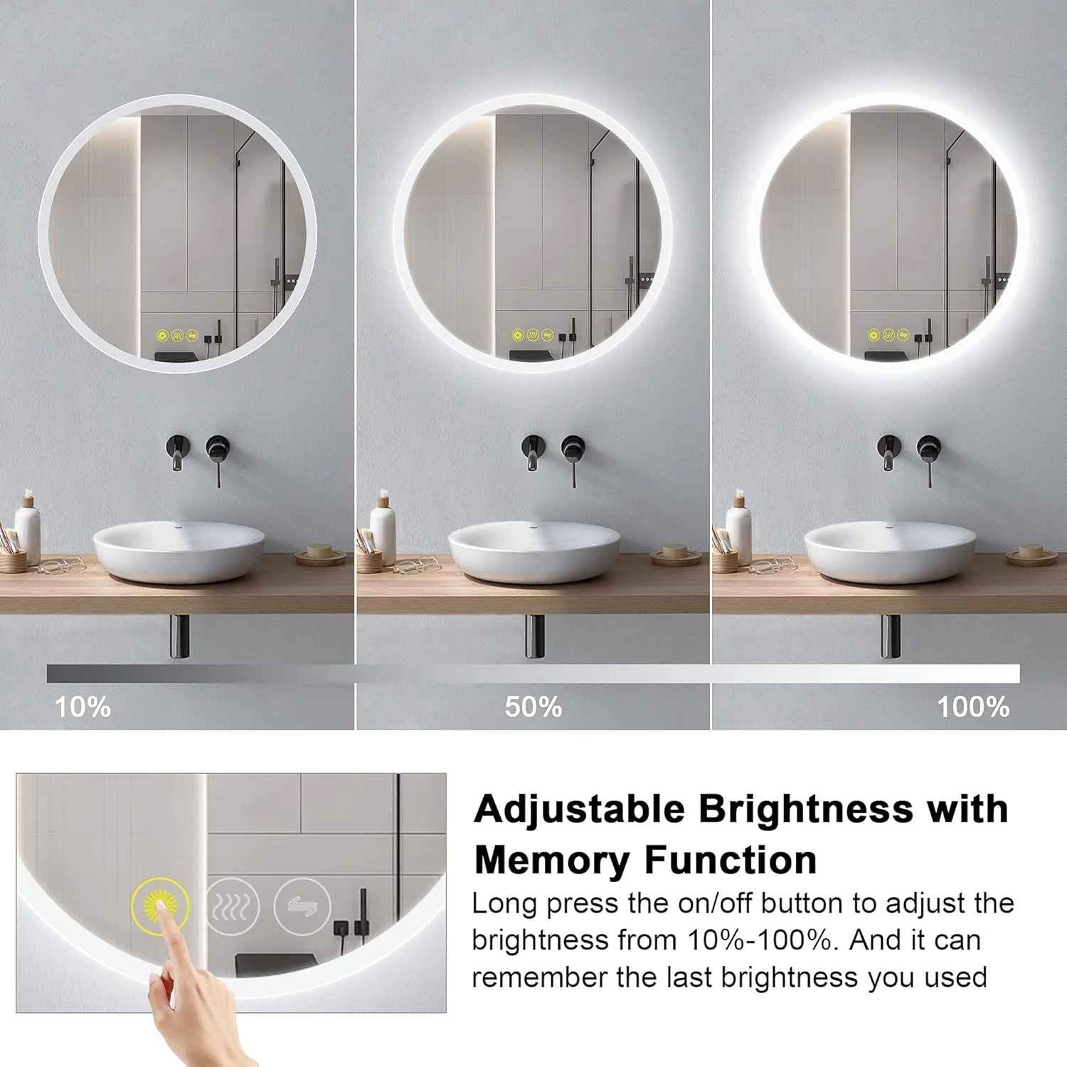 آینه گرد حمام LED مدل ICYWANG با قطر 700 میلی‌متر، آینه روشویی بزرگ دیواری با نور پس‌زمینه، دارای کلید لمسی، 3 رنگ قابل تنظیم، استاندارد IP44