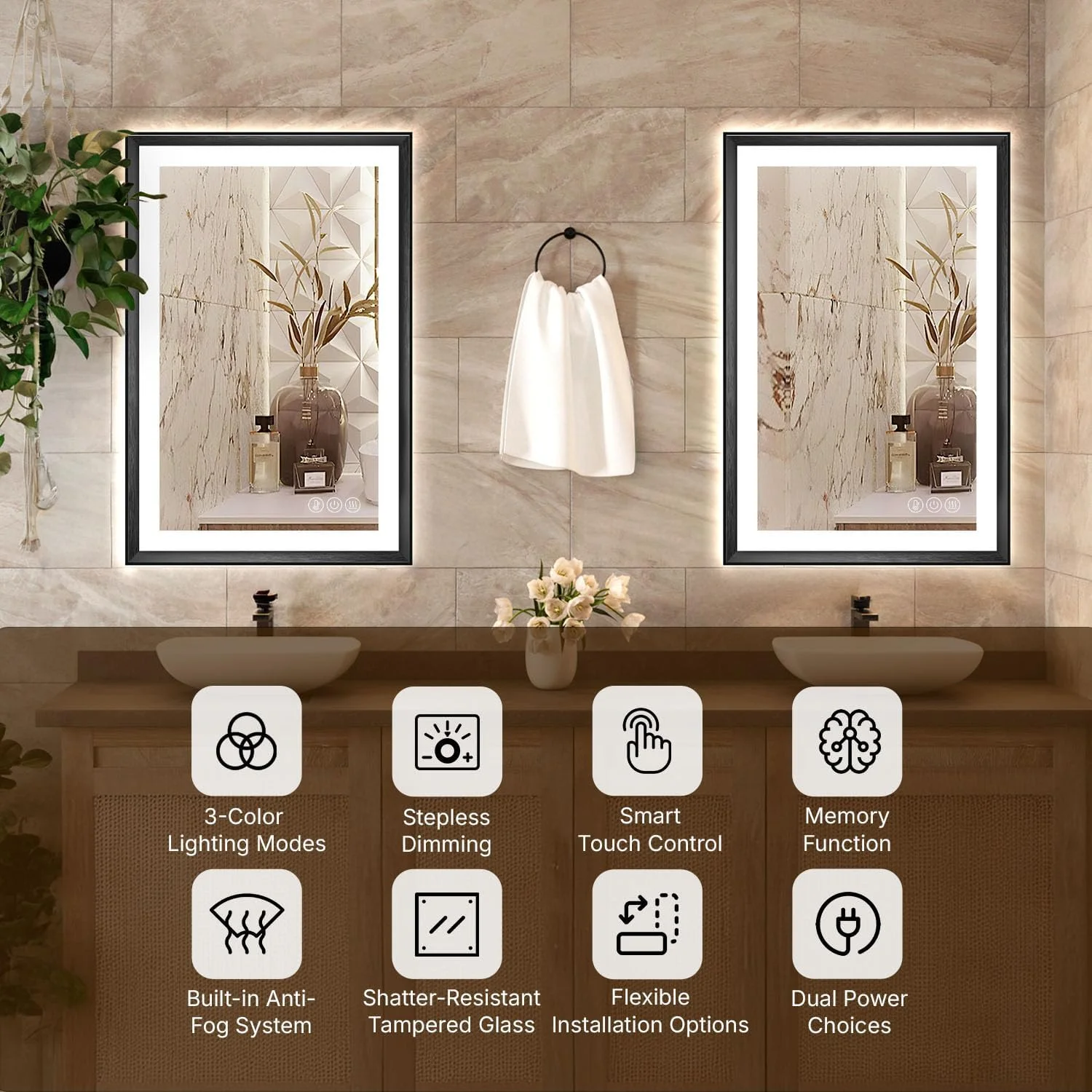 آینه حمام LED بازتاب خانه با نور پس زمینه 100x75 سانتی متر - قاب آلومینیومی مشکی، ضد بخار، کم نور شونده، آینه روشویی هوشمند سه رنگ (نصب افقی/عمودی)