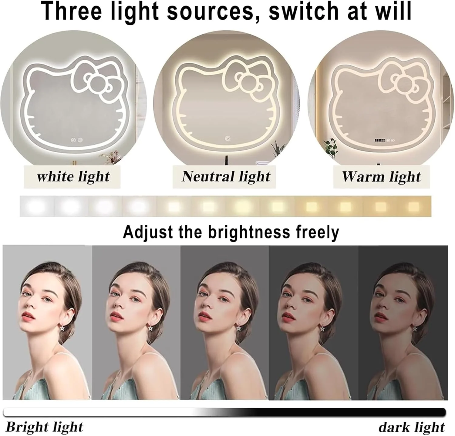 آینه حمام گربه ای، قابل نصب افقی یا عمودی، آینه دیواری LED با کلید حسگر برای روشویی حمام، دارای کلید لمسی دوگانه + تنظیم نور سه رنگ/روشنایی + ضد بخار