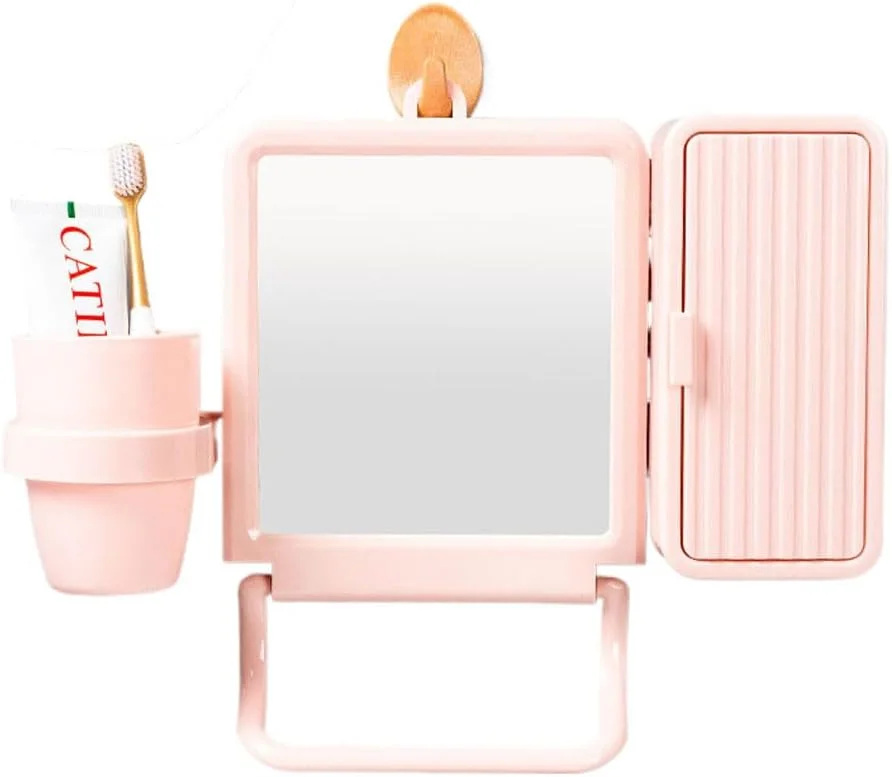 آینه دیواری 3 در 1 Hosoncovy، آینه حمام با لیوان و جعبه ذخیره سازی، آینه آرایشی حمام (صورتی)