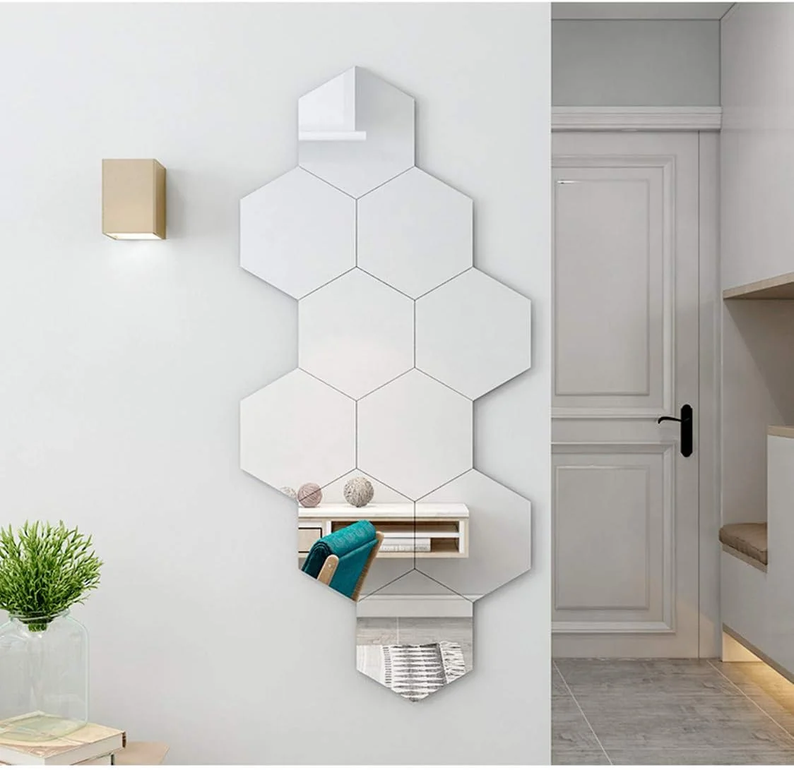 آینه شیشه ای HD Homya بسته 10 عددی، 21CM×18CM، ضخیم شده، بدون قاب، آینه چسبی، آینه شش ضلعی، آینه دیواری تزئینی برای پس زمینه، آینه میز آرایش