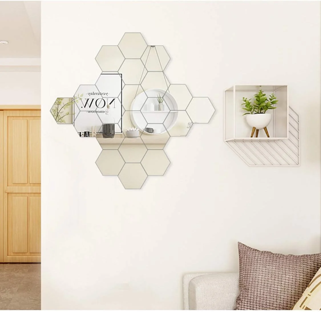 آینه شیشه ای HD Homya بسته 10 عددی، 21CM×18CM، ضخیم شده، بدون قاب، آینه چسبی، آینه شش ضلعی، آینه دیواری تزئینی برای پس زمینه، آینه میز آرایش