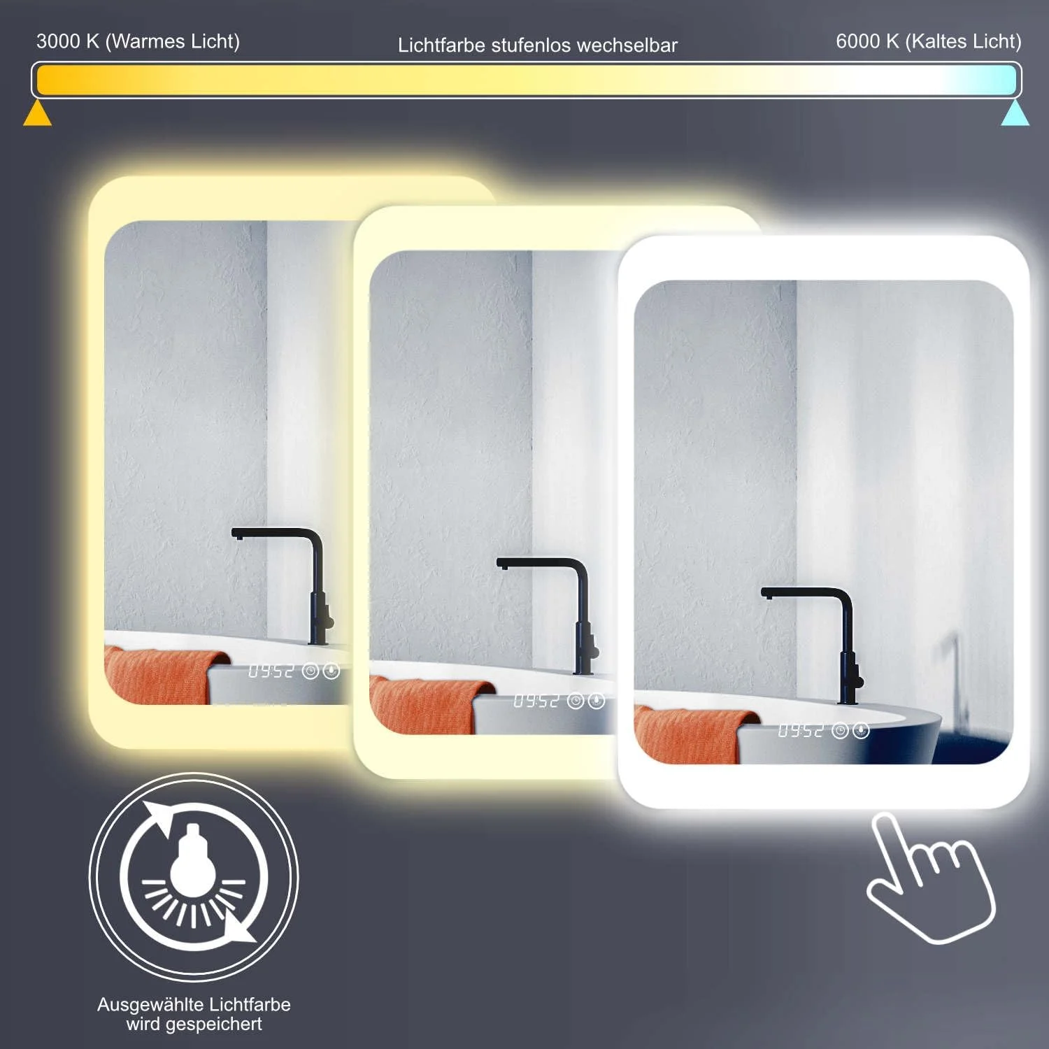 آینه حمام LED هوکو دتمولد 60x80 سانتی متر، آینه مدرن با نور / آینه حمام با ساعت و کلید لمسی + رنگ نور قابل تنظیم سفید گرم، سفید سرد، خنثی