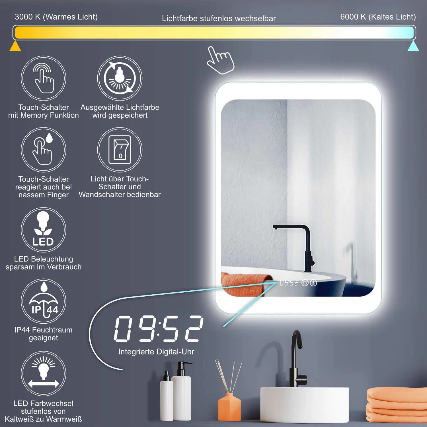 آینه حمام LED هوکو دتمولد 60x80 سانتی متر، آینه مدرن با نور / آینه حمام با ساعت و کلید لمسی + رنگ نور قابل تنظیم سفید گرم، سفید سرد، خنثی