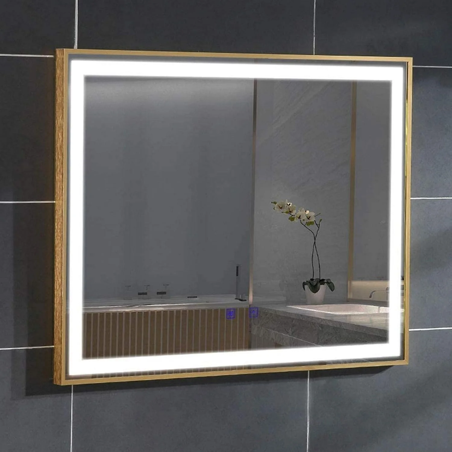 آینه حمام LED بزرگ روشن HL Home-Link، قاب طلایی آلیاژ آلومینیوم، کلید لمسی + ضد بخار + نور سفید (اندازه: 900x700 میلی متر)