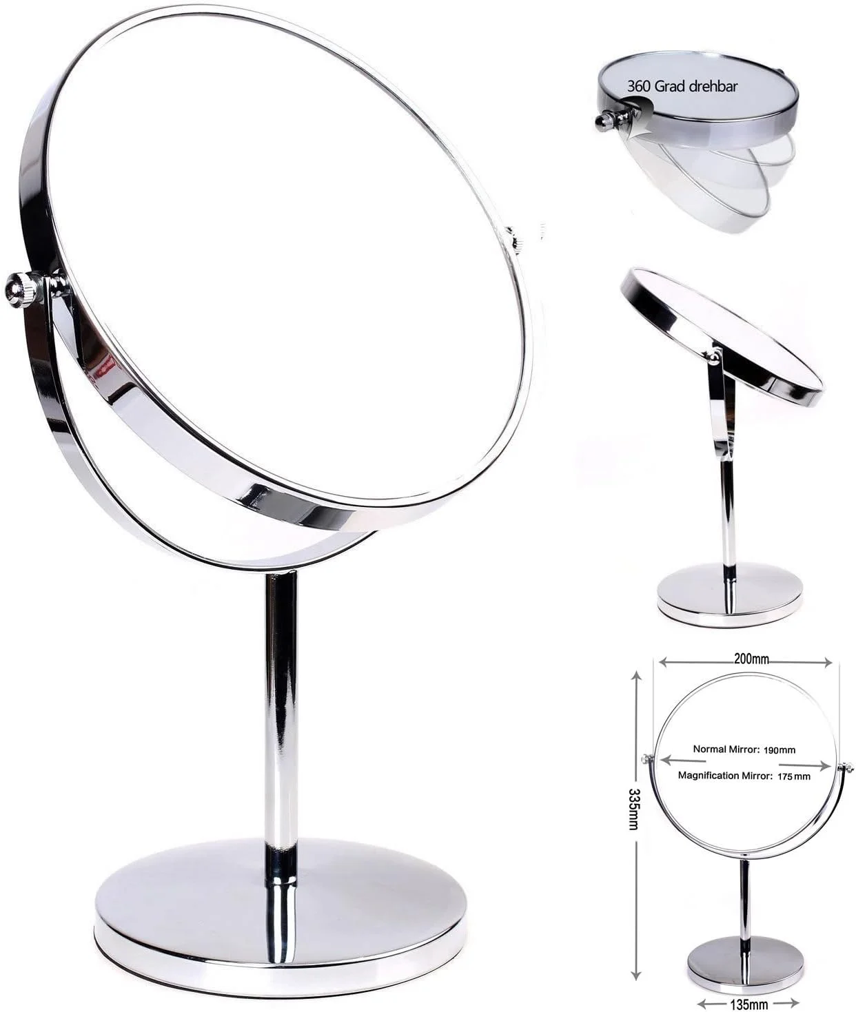 آینه ایستاده HIMRY KXD3108-10x با بزرگنمایی 10 برابر، آینه آرایشی 8 اینچی با قابلیت چرخش 360 درجه، روکش کروم، آینه آرایش، آینه اصلاح، آینه حمام دو طرفه معمولی + بزرگنمایی 10 برابر
