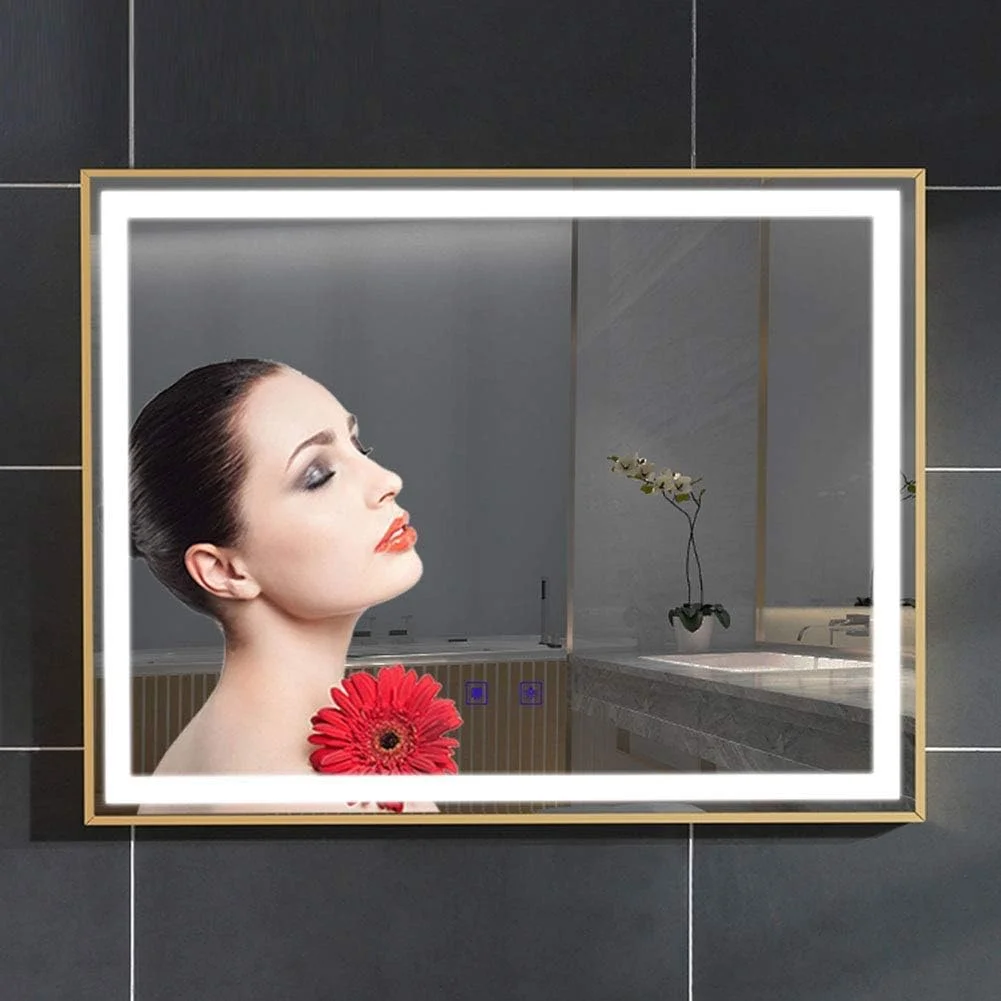 آینه حمام LED بزرگ روشن HL Home-Link، قاب طلایی آلیاژ آلومینیوم، کلید لمسی + ضد بخار + نور سفید (اندازه: 900x700 میلی متر)