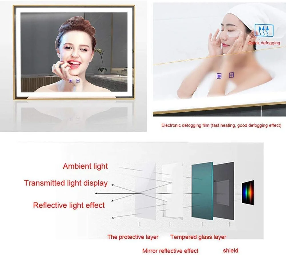 آینه حمام LED بزرگ روشن HL Home-Link، قاب طلایی آلیاژ آلومینیوم، کلید لمسی + ضد بخار + نور سفید (اندازه: 900x700 میلی متر)
